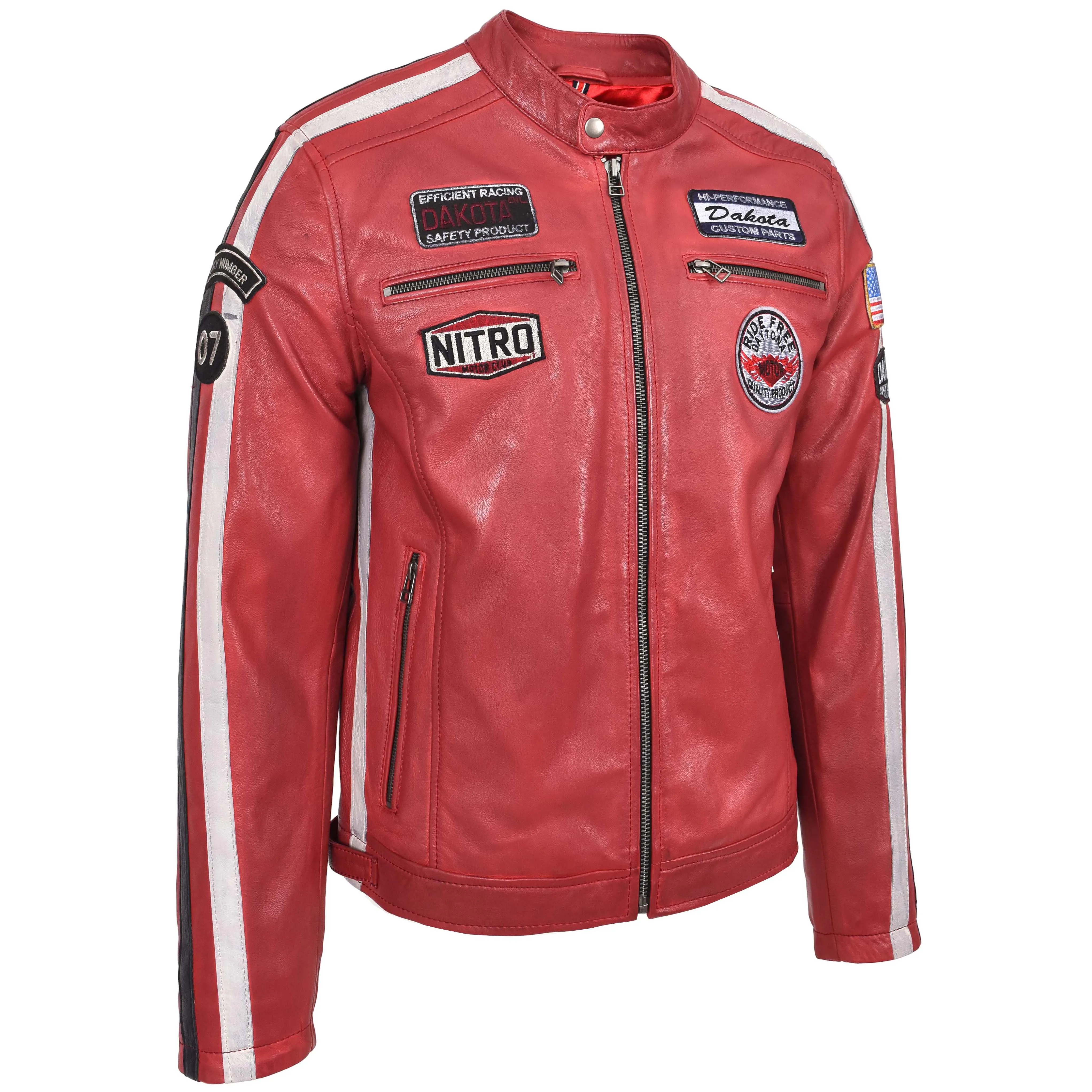 Mens Leather Biker Jacket Motorsport Logos Bobby Red