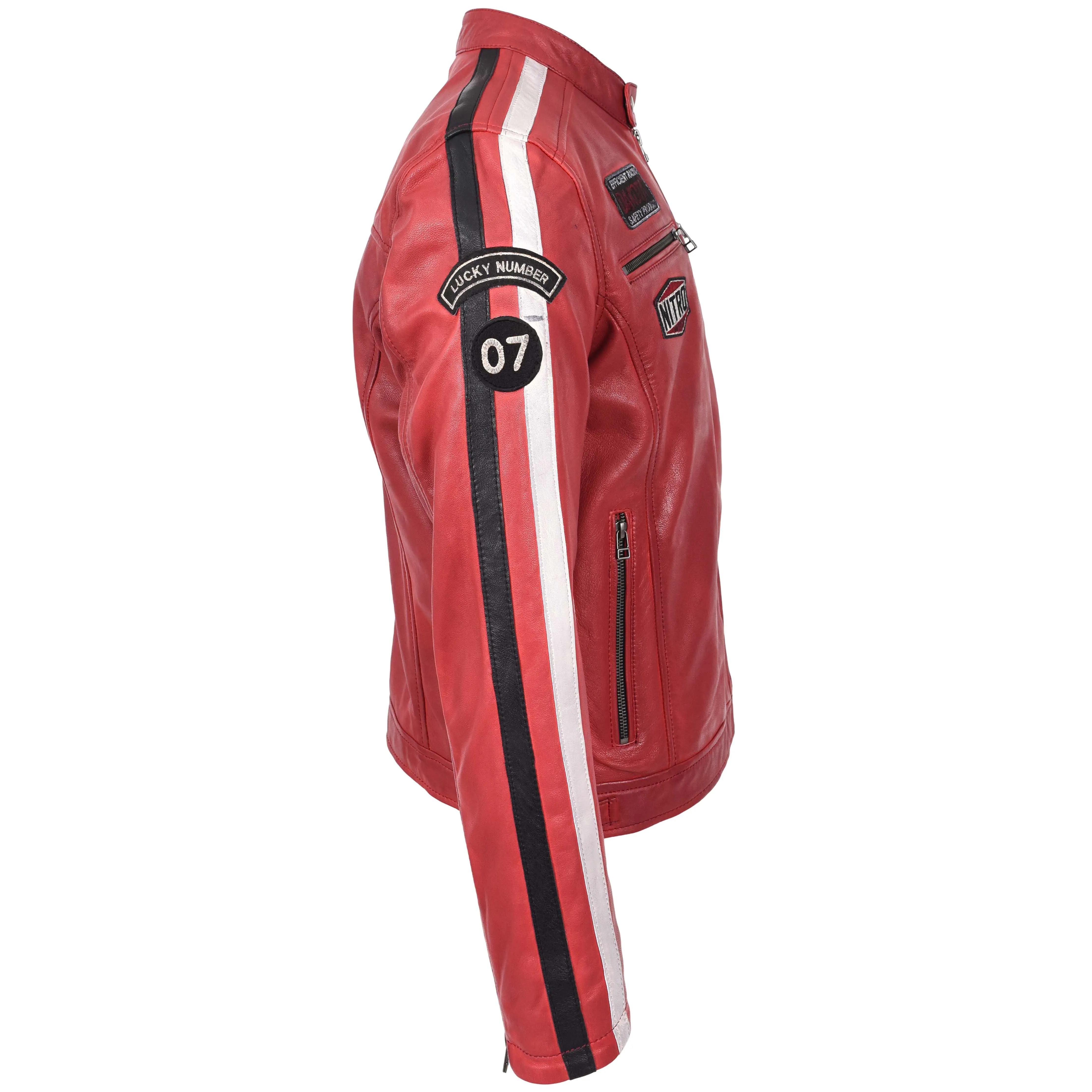 Mens Leather Biker Jacket Motorsport Logos Bobby Red