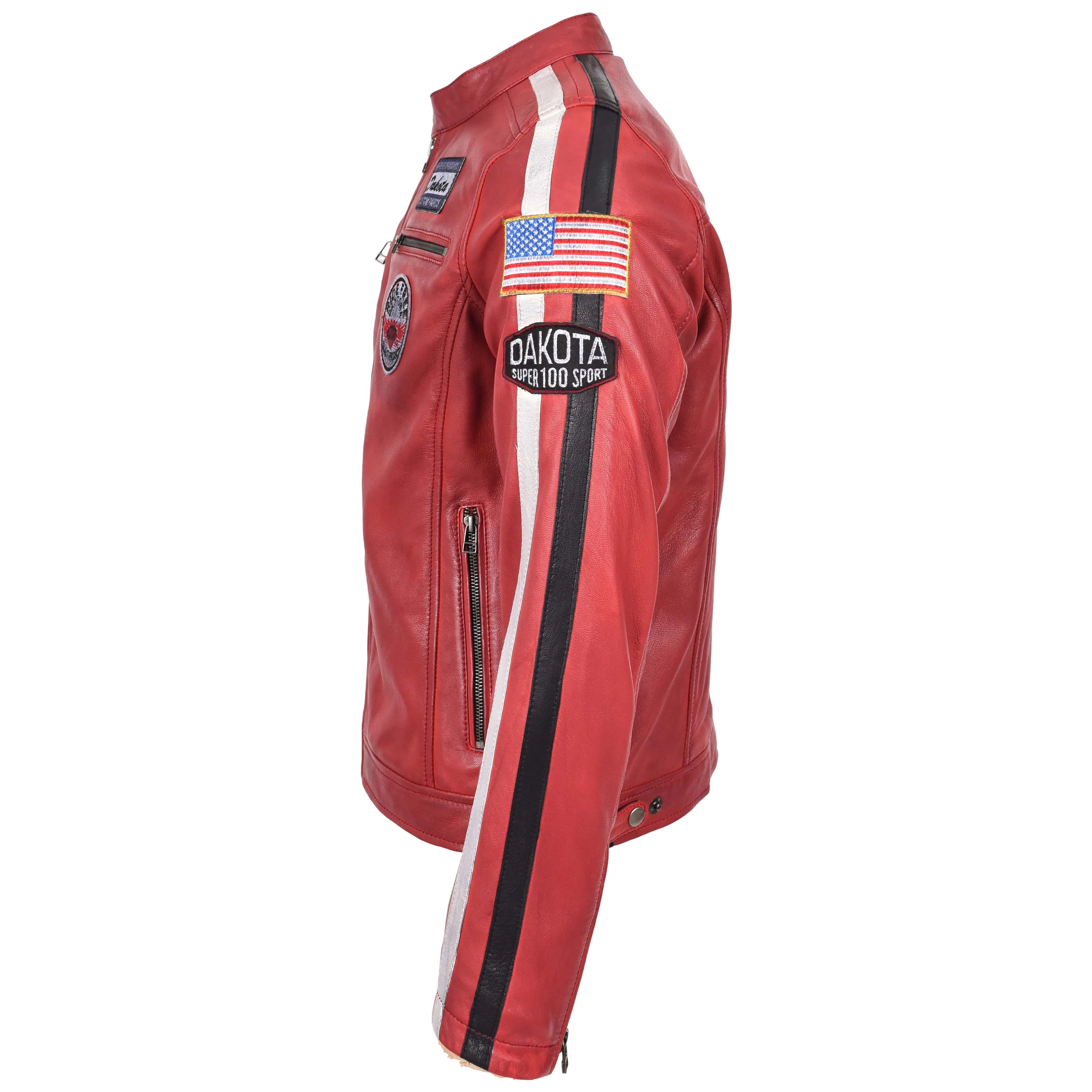 Mens Leather Biker Jacket Motorsport Logos Bobby Red