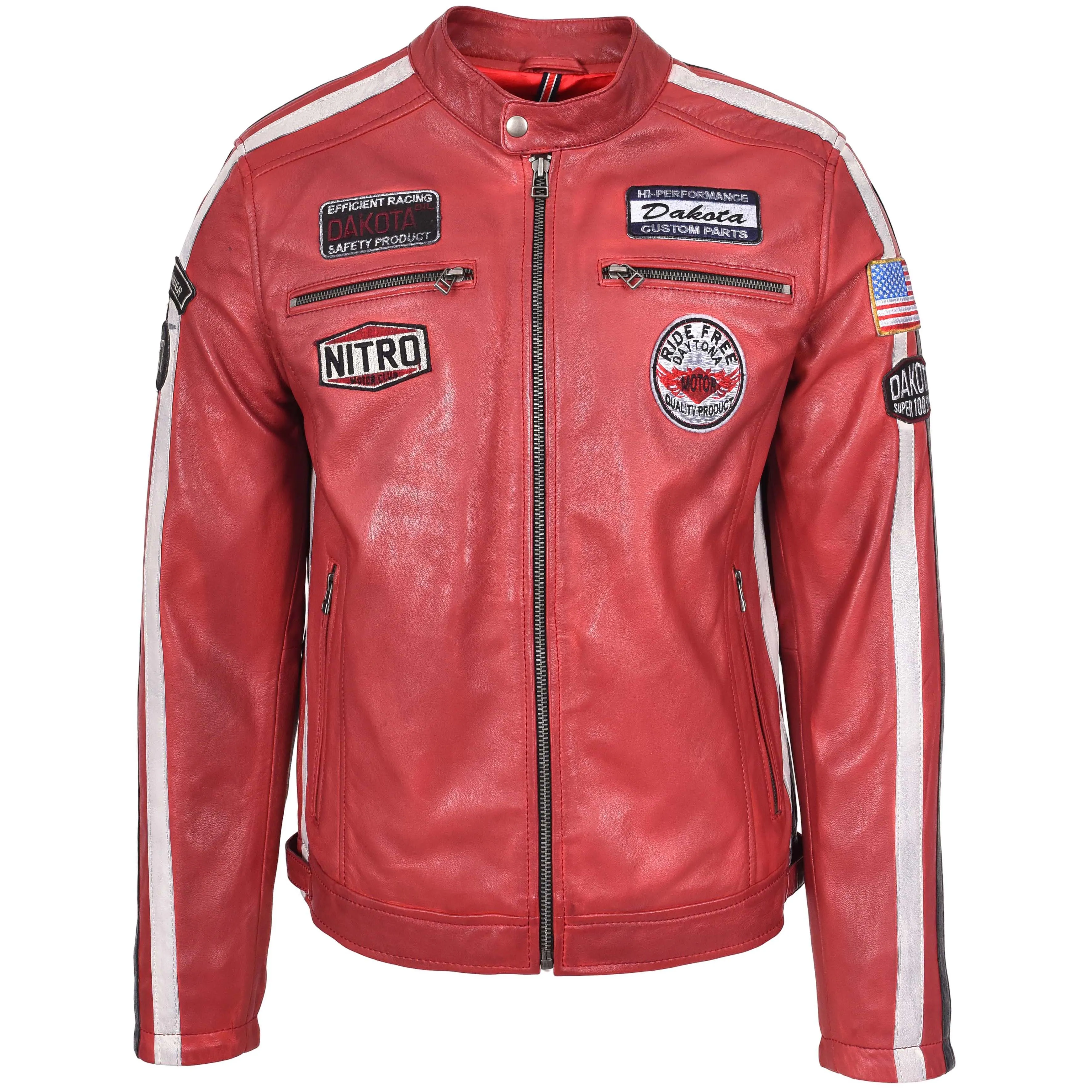 Mens Leather Biker Jacket Motorsport Logos Bobby Red