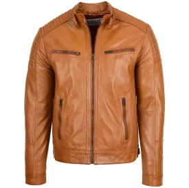 Mens Leather Cafe Racer Biker Jacket Ron Tan