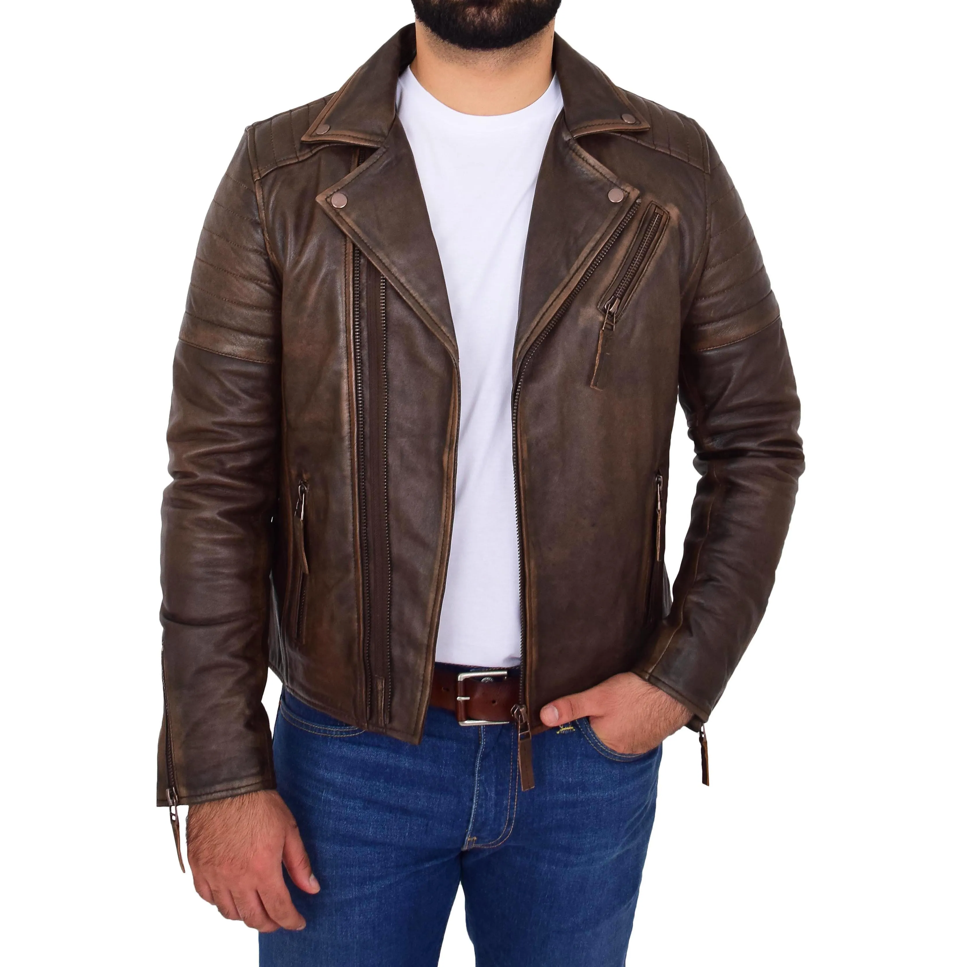 Mens Real Leather Biker Jacket Copper Rub Off Slim Fit Max Rust