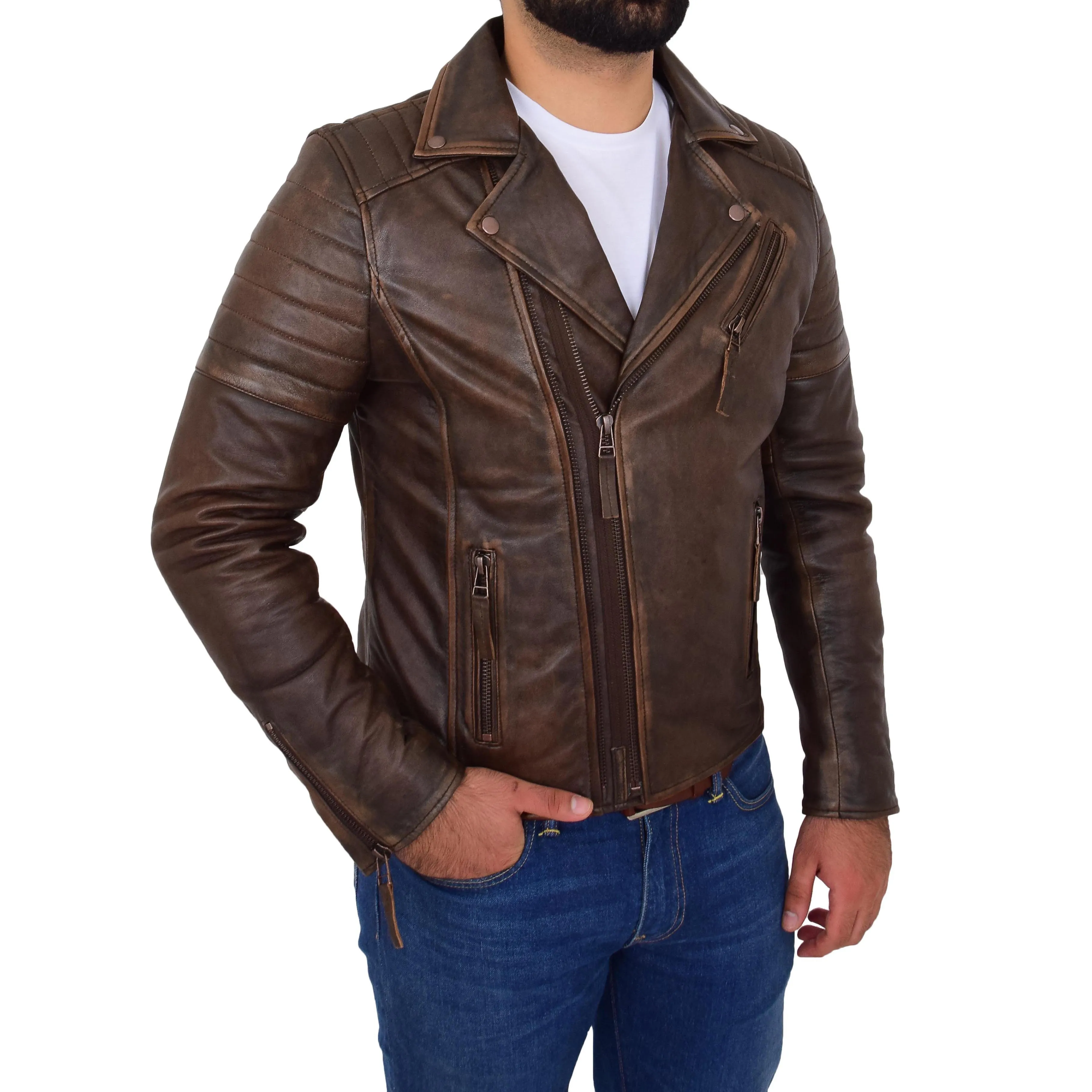 Mens Real Leather Biker Jacket Copper Rub Off Slim Fit Max Rust