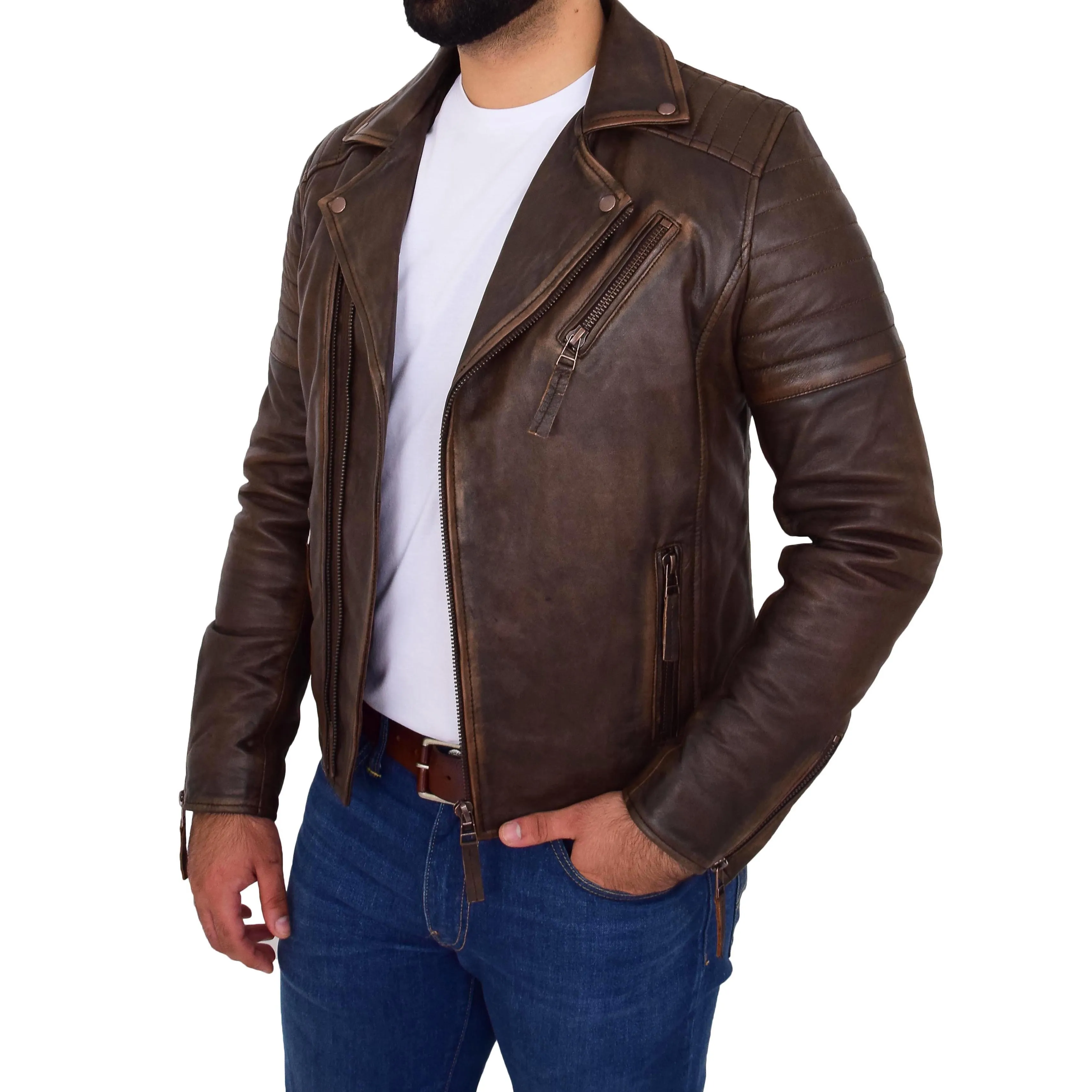 Mens Real Leather Biker Jacket Copper Rub Off Slim Fit Max Rust