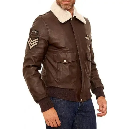 Men's Real Leather Brown Bomber Fur Collar Jacket