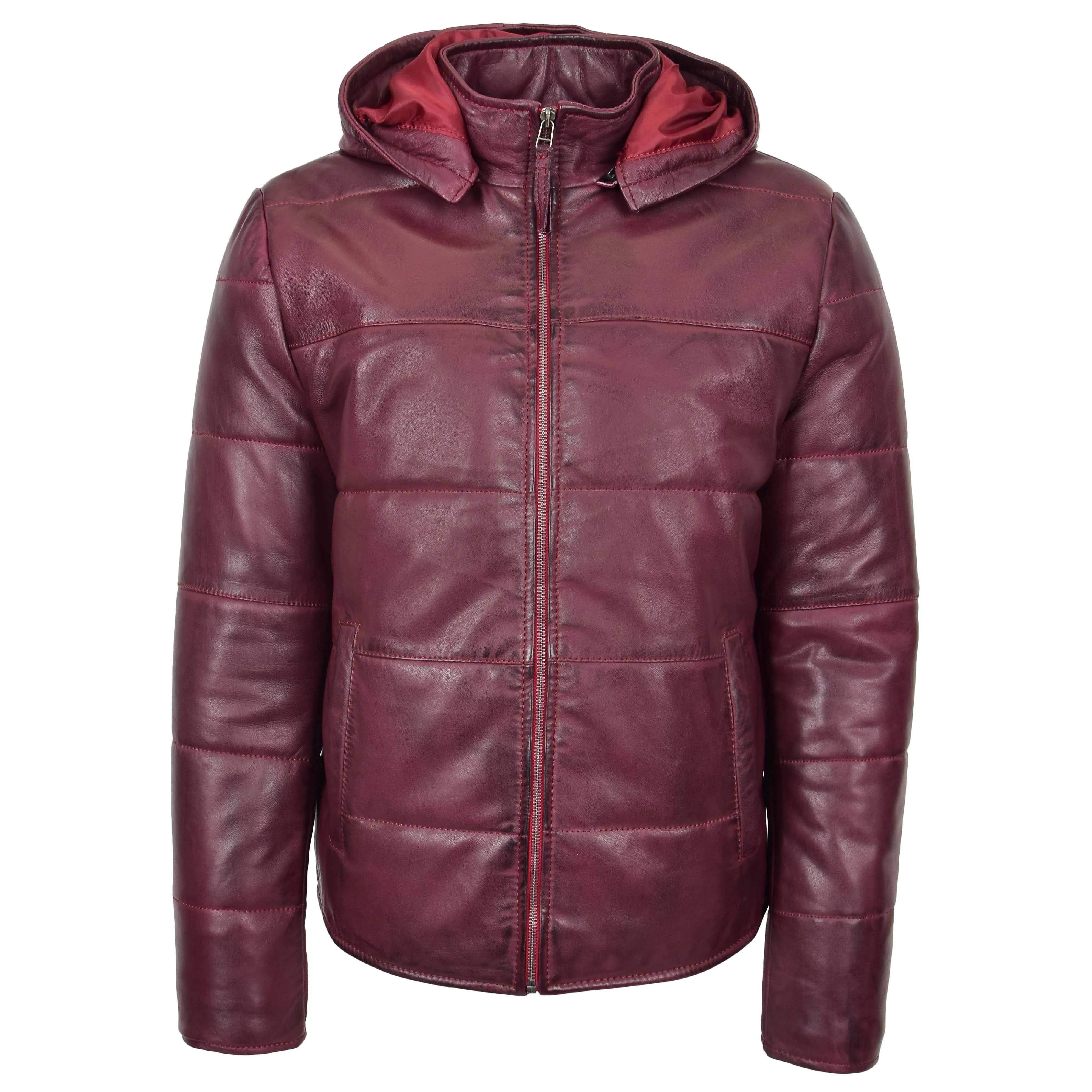 Mens Real Leather Puffer Jacket Fully Padded With Hood DRACO Burgundy