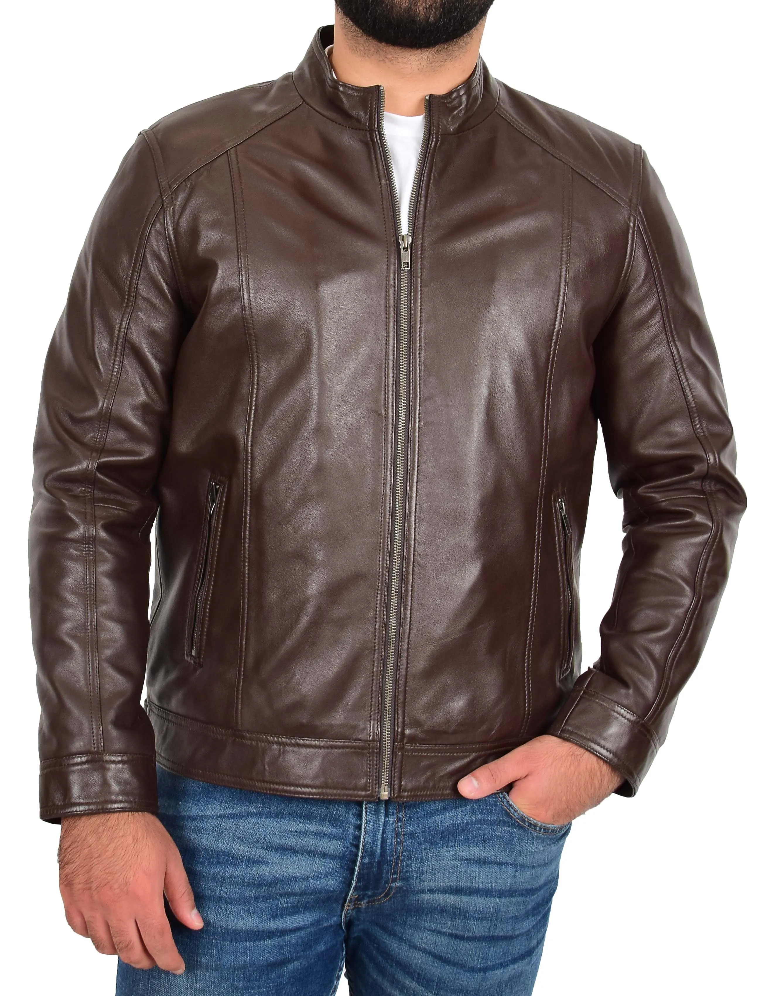 Mens Soft Brown Leather Casual Zip Fasten Jacket Nobel