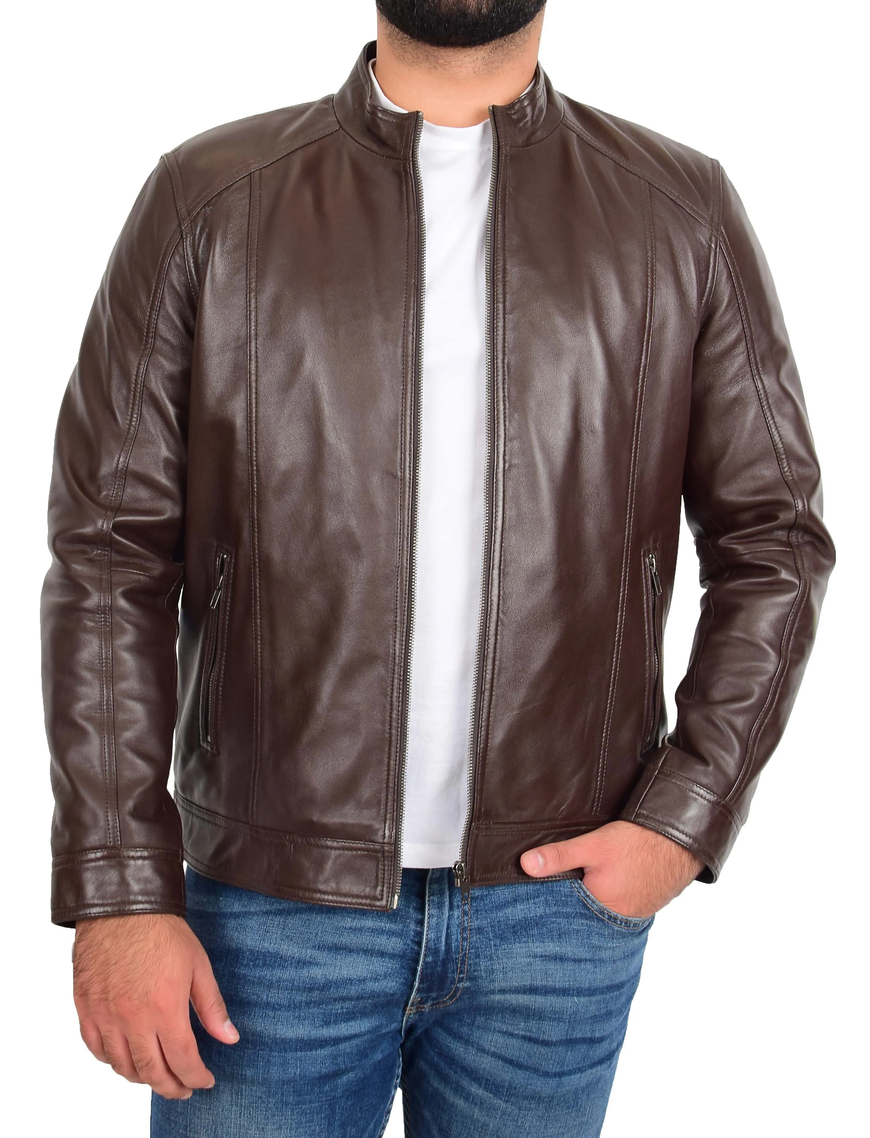 Mens Soft Brown Leather Casual Zip Fasten Jacket Nobel