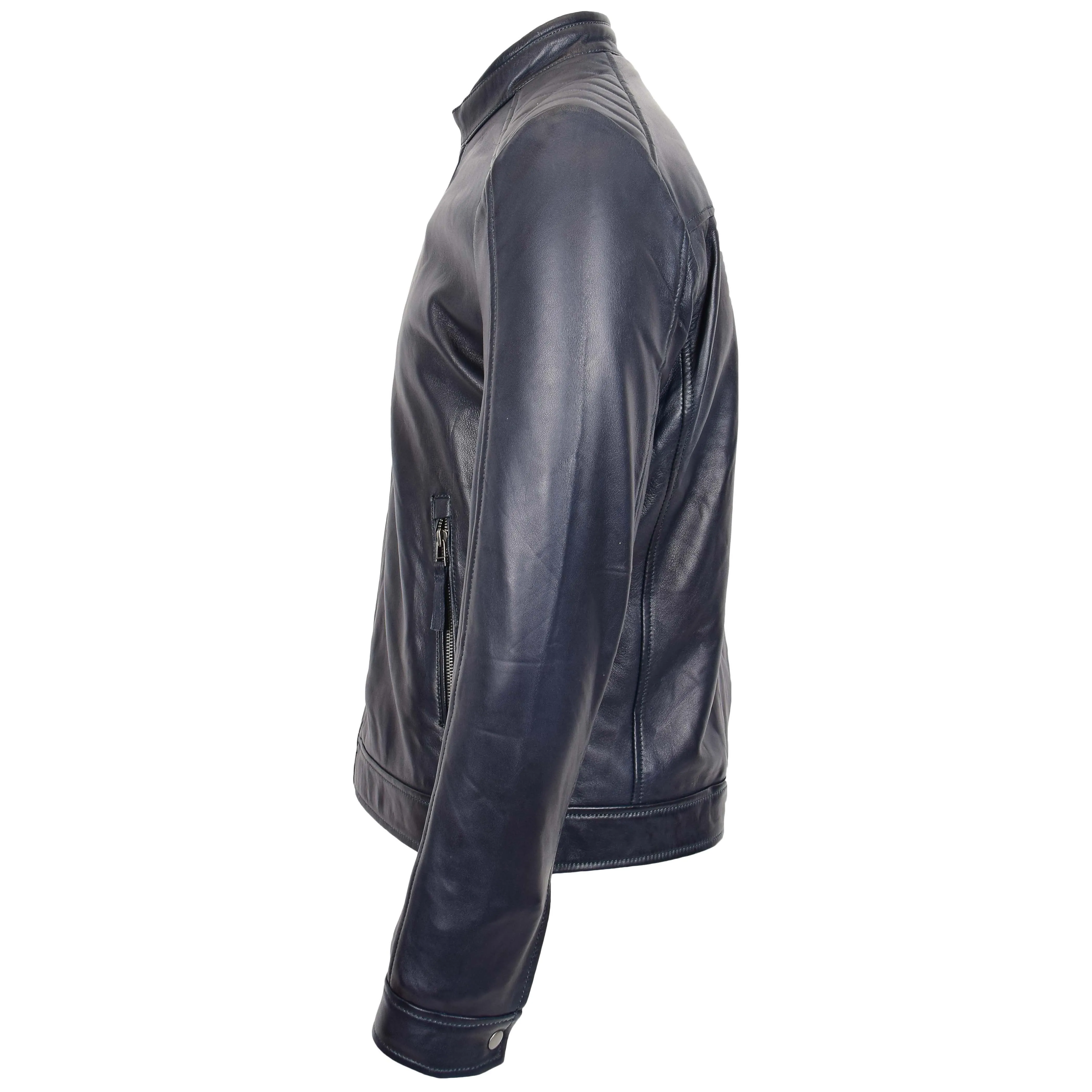 Mens Soft Real Leather Biker Style Jacket Band Collar Zip Fasten ASHER Navy