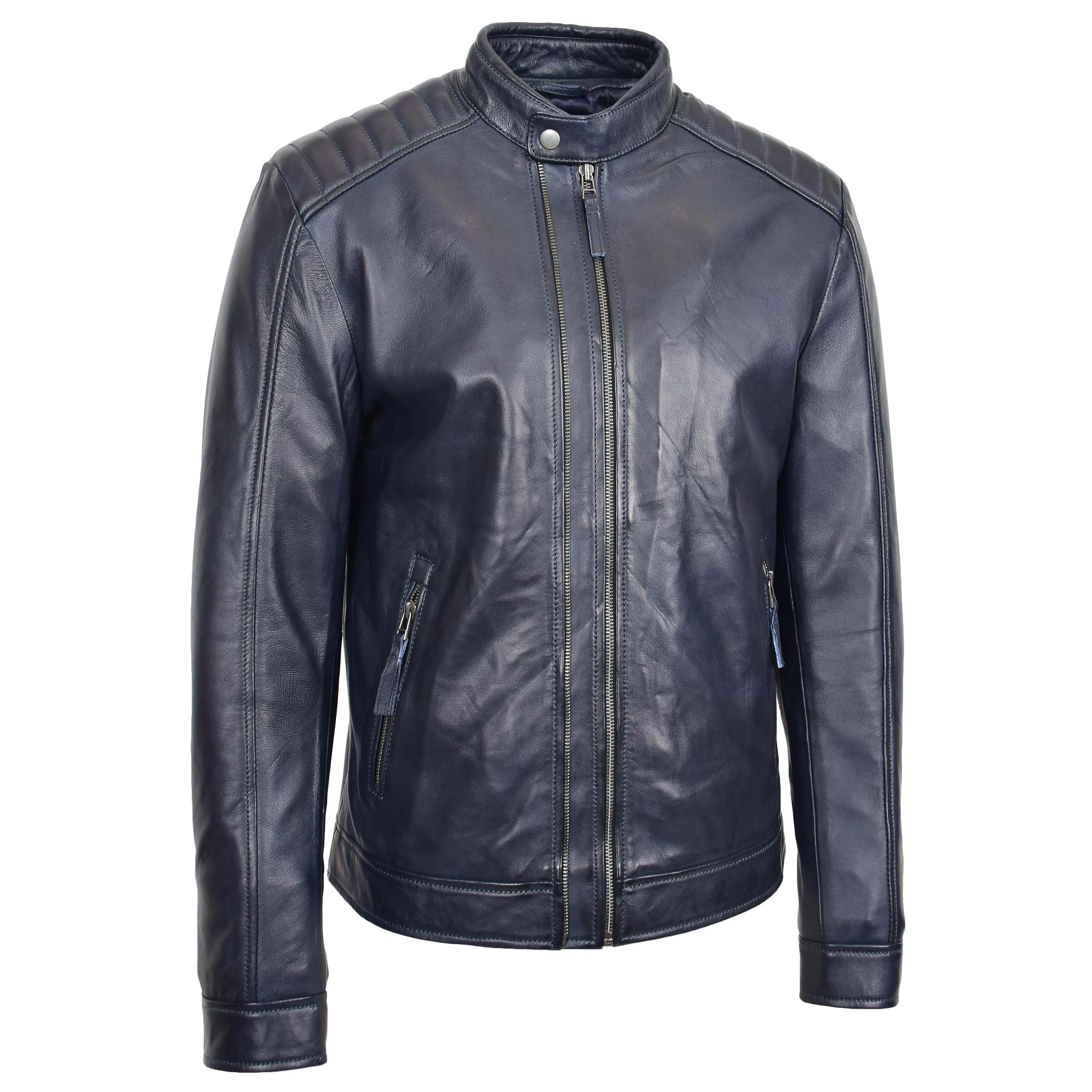 Mens Soft Real Leather Biker Style Jacket Band Collar Zip Fasten ASHER Navy