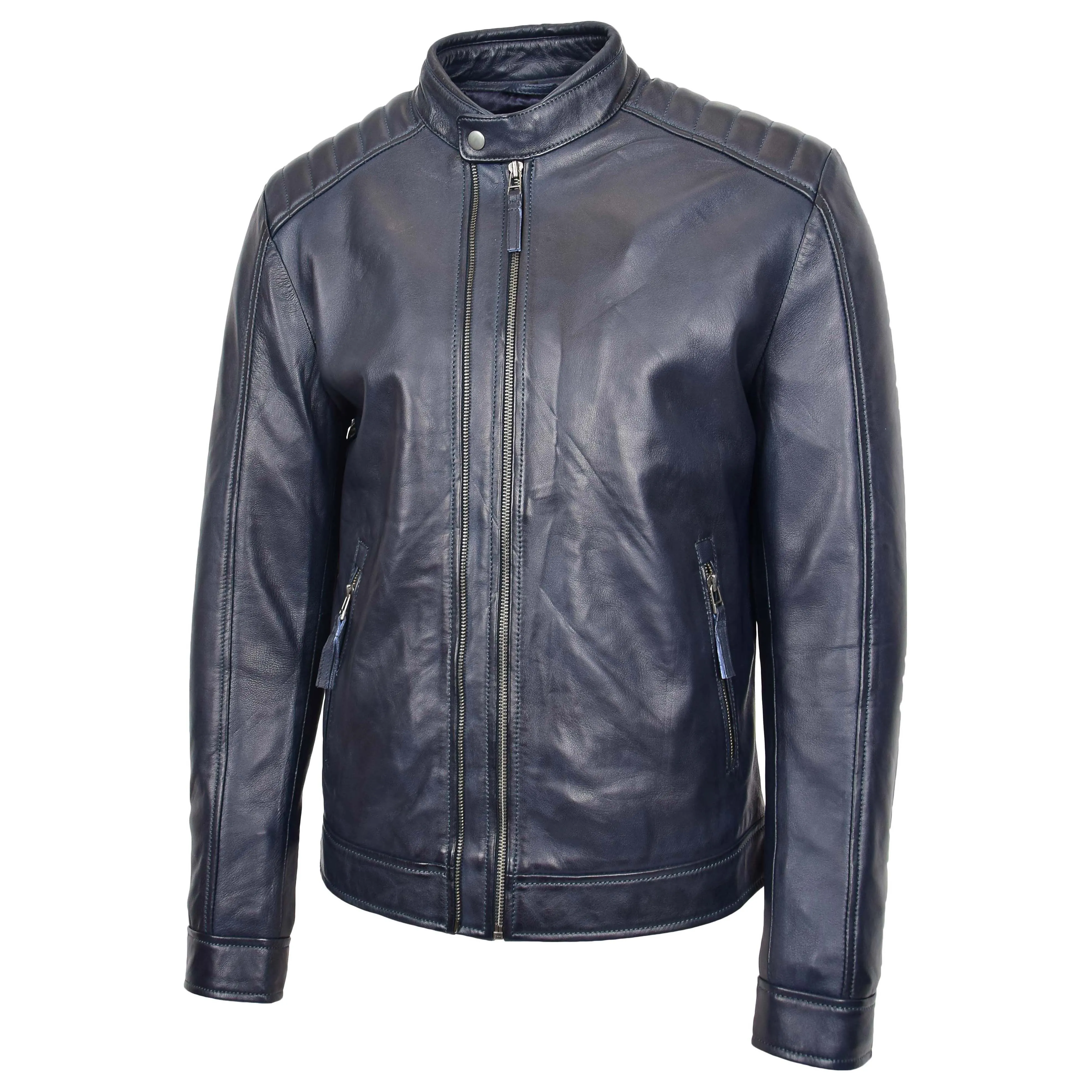 Mens Soft Real Leather Biker Style Jacket Band Collar Zip Fasten ASHER Navy