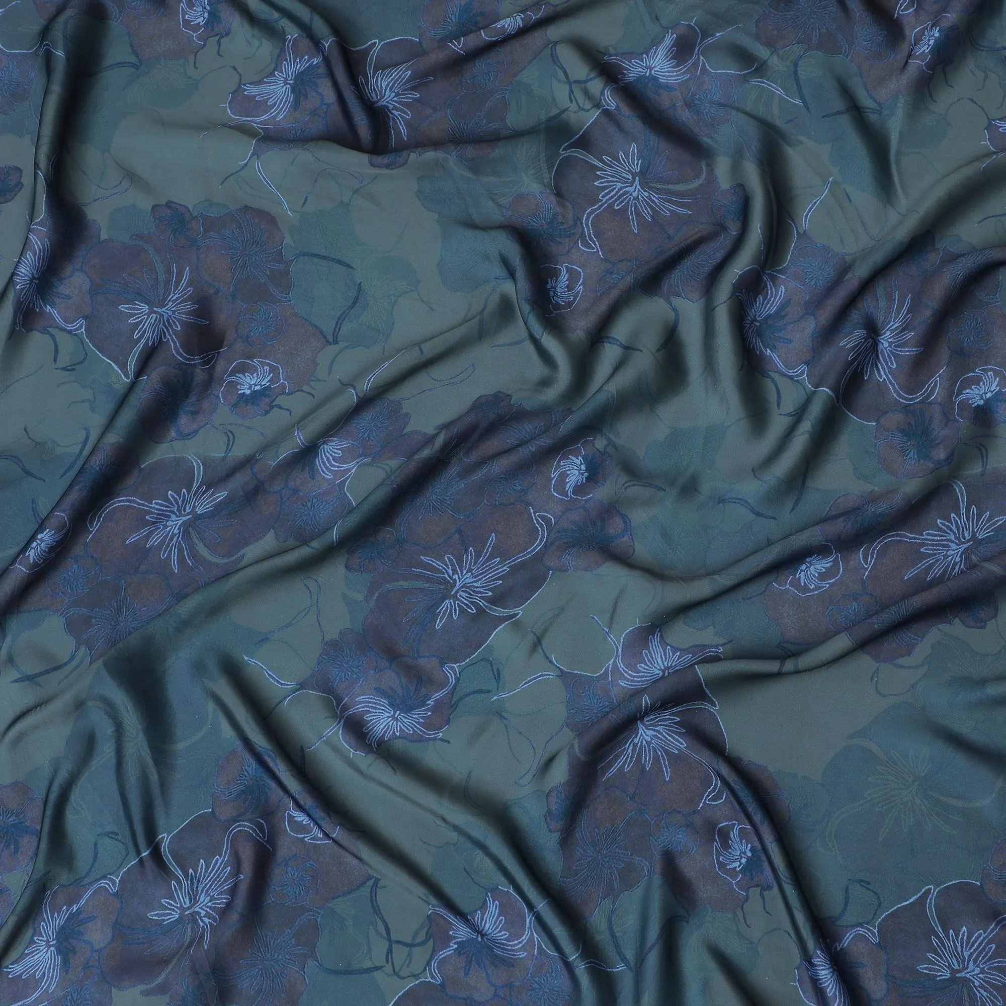 Mystic Forest Floral Synthetic Modal Satin Fabric - Deep Green & Blue, 110cm - Purchase Online-D17977