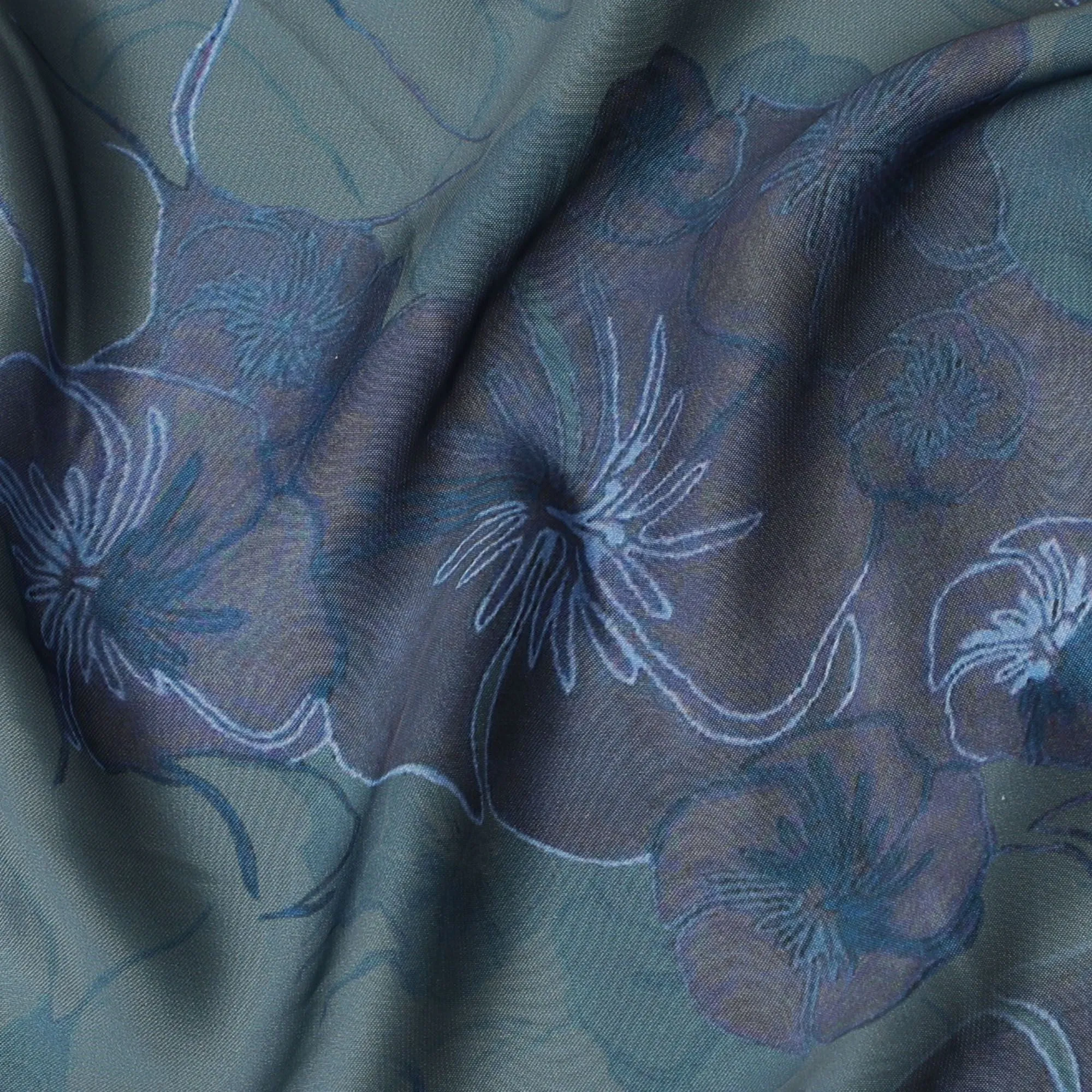 Mystic Forest Floral Synthetic Modal Satin Fabric - Deep Green & Blue, 110cm - Purchase Online-D17977