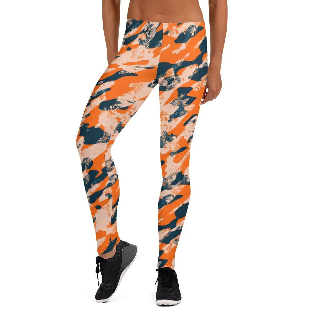 Orange Camouflage Women's Mid-Rise Leggings