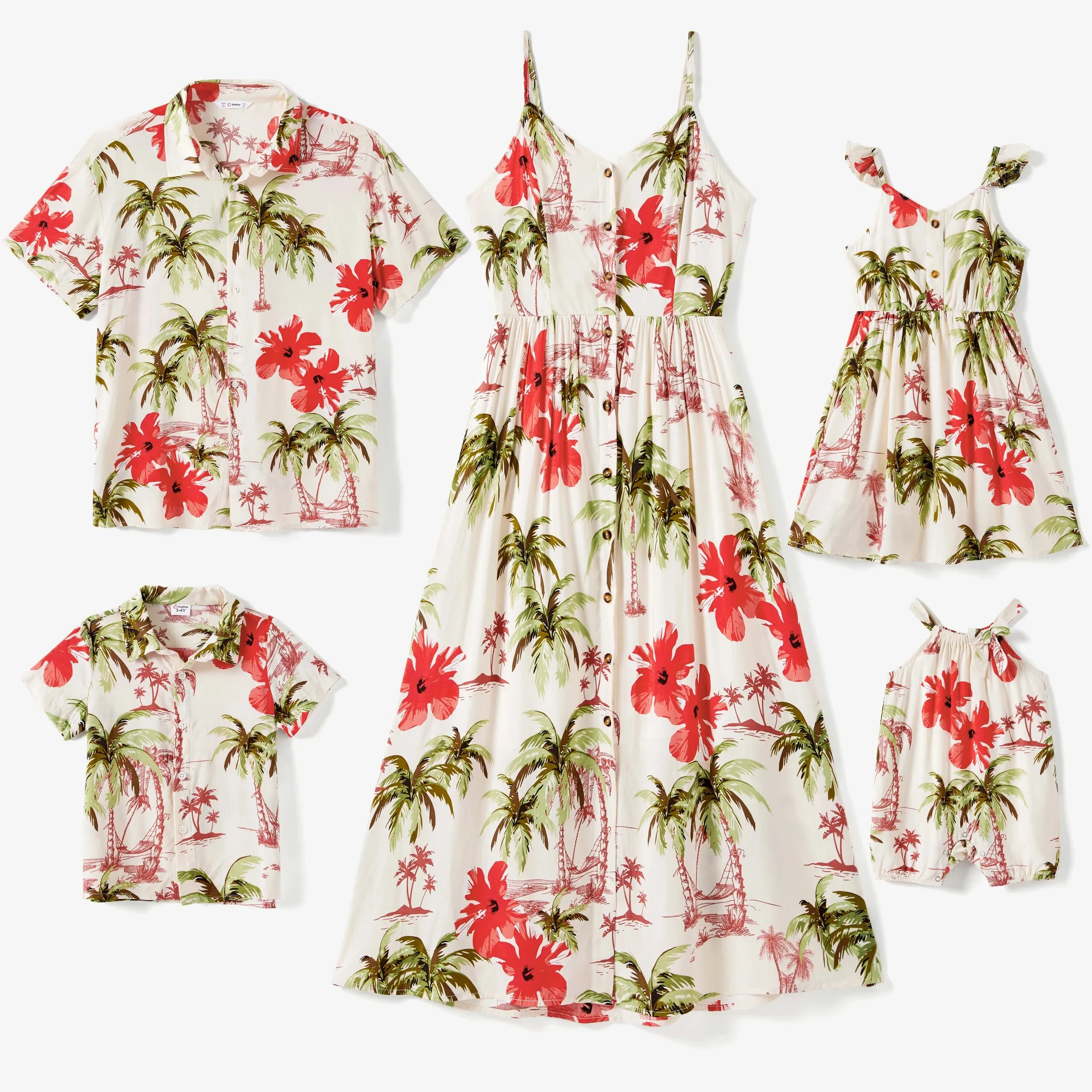 PatPat Family Matching Tropical Floral Beach Shirt & Button Strap Midi Dress Sets