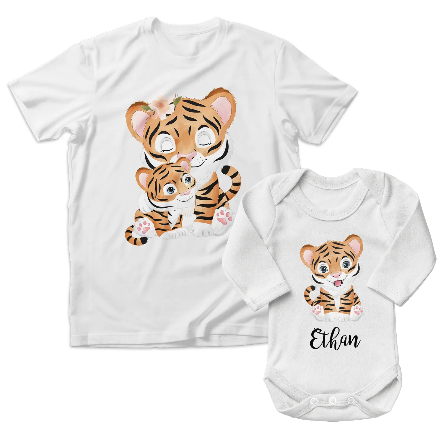 Personalized Matching Mom & Baby Organic Outfits - Tiger Family (White)