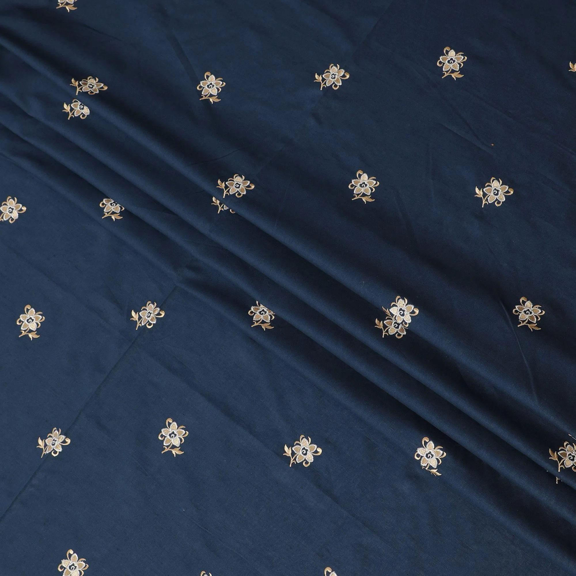 Petrol blue Premium pure linen fabric with gold and beige embroidery in floral design-D13435