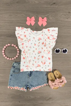 Pink Flowers Pom-Pom Denim Short Set