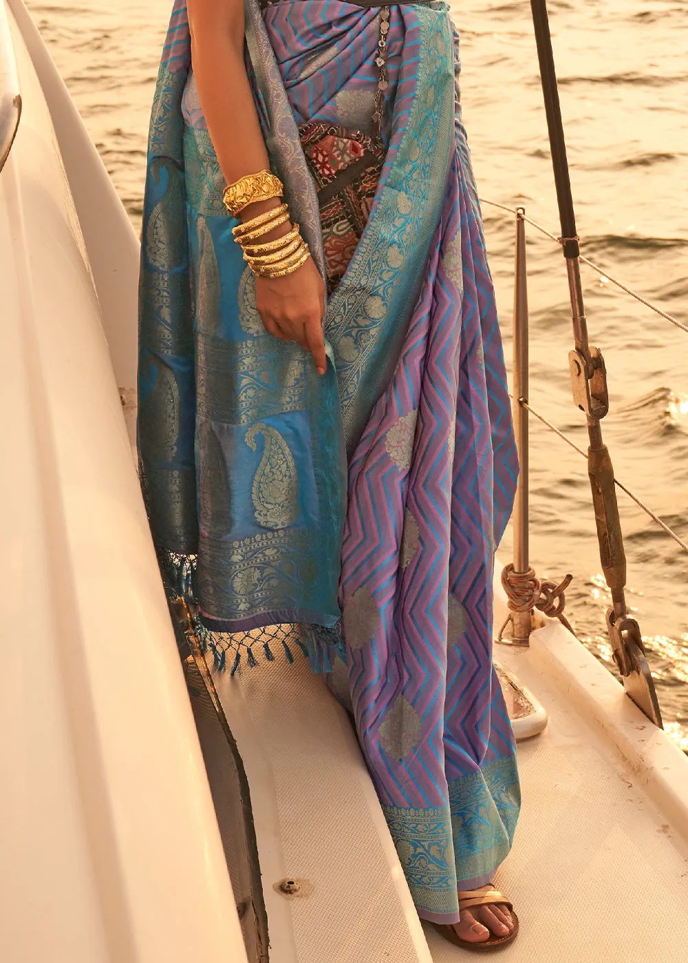 Purple & Blue Two Tone Designer Satin Silk Saree