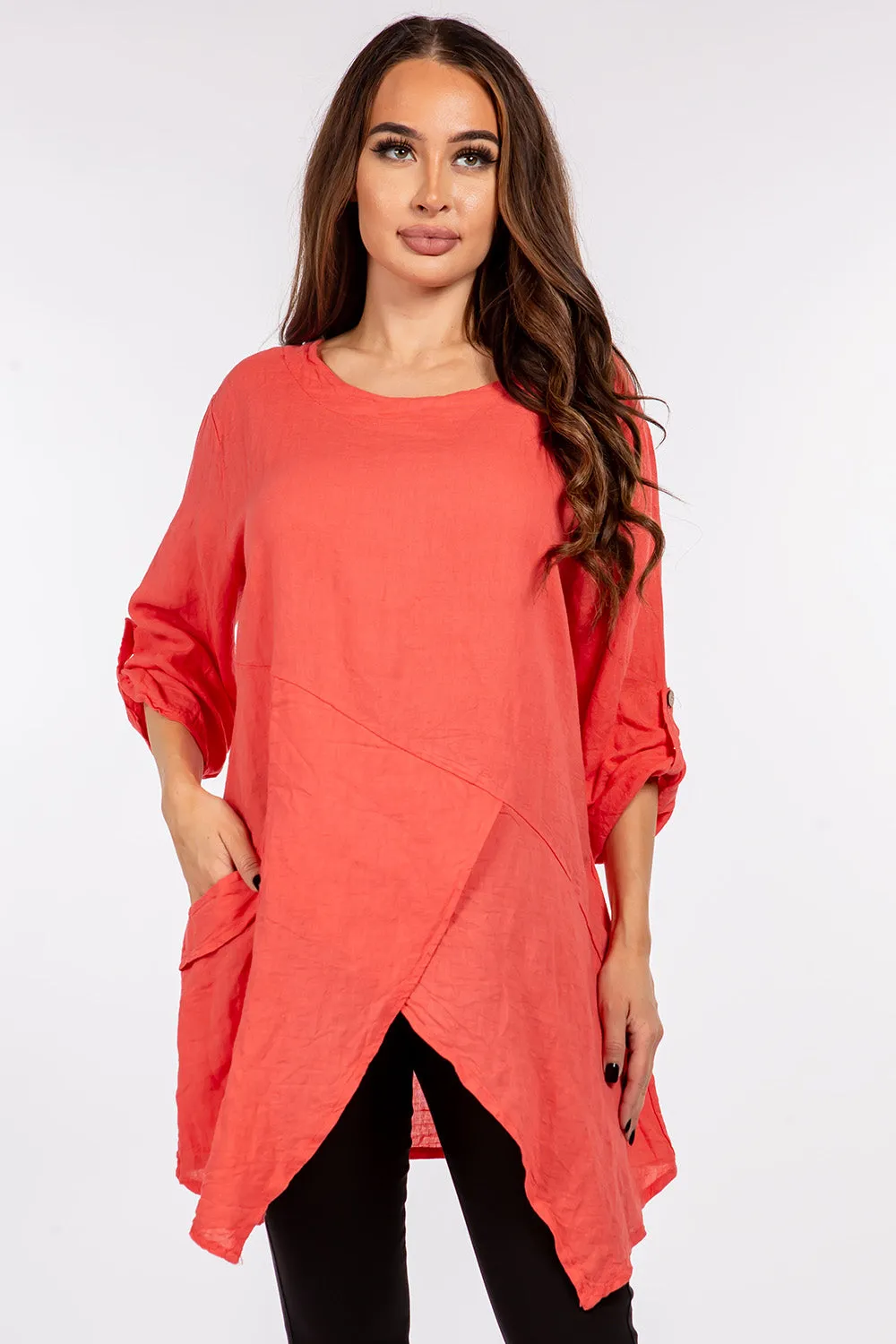 Raw Moda Asymmetric Single Pocket Linen Tunic