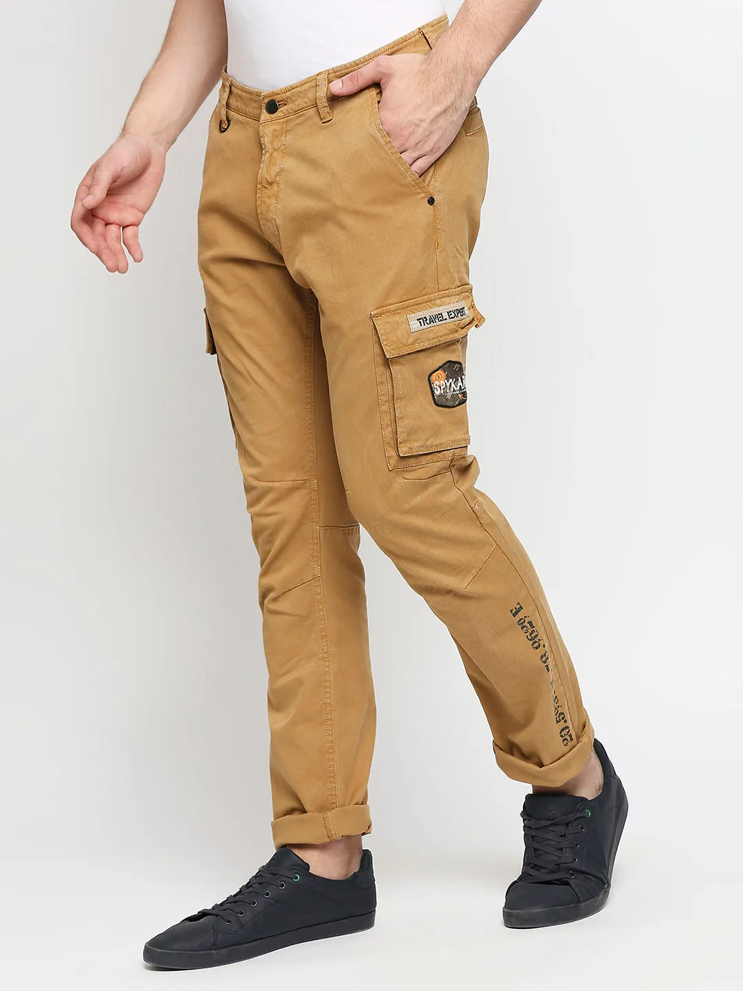 Spykar Men Camel Khaki Solid Slim Mid-Rise Trousers