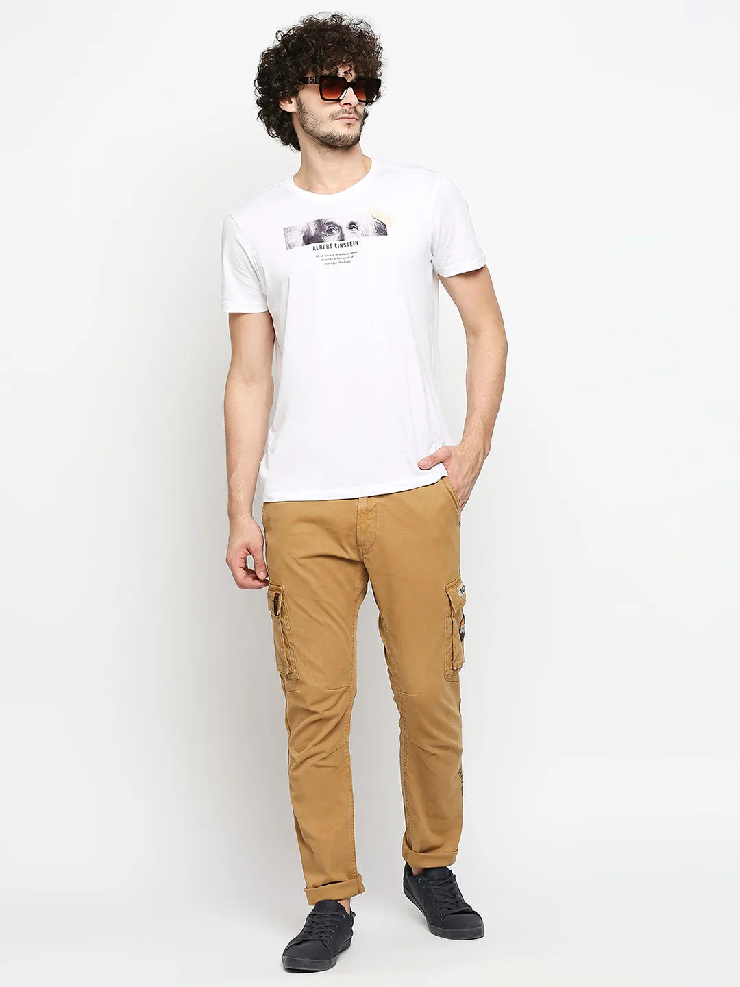 Spykar Men Camel Khaki Solid Slim Mid-Rise Trousers