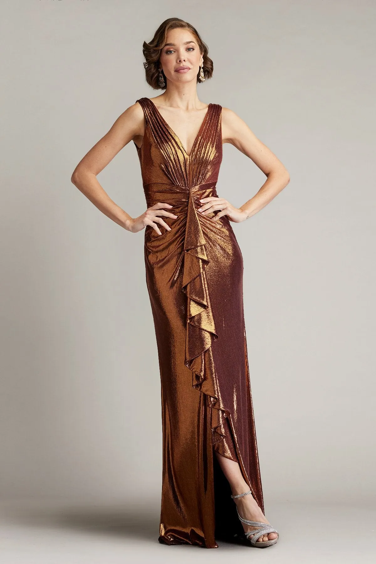 Tadashi Shoji - BSJ24432L - Metallic Waterfall Drape Gown