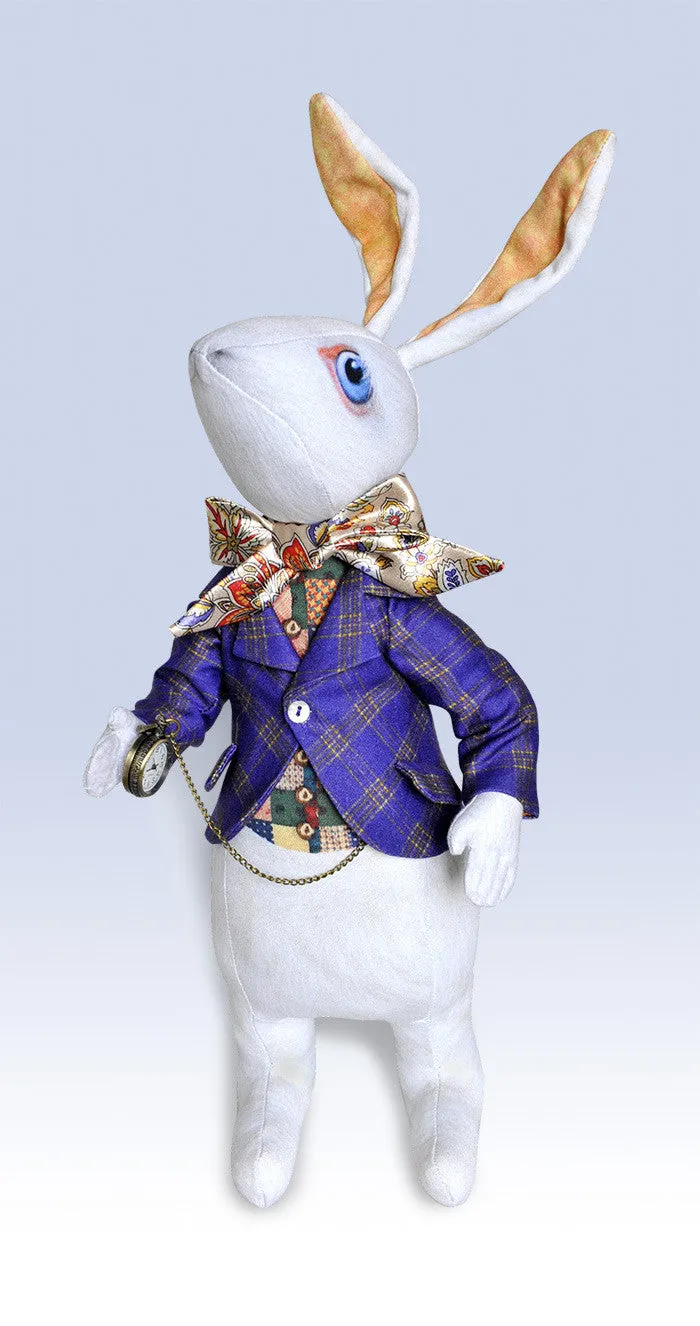 The White Rabbit "I'm late!" art doll, with traditional printed "tweed" jacket