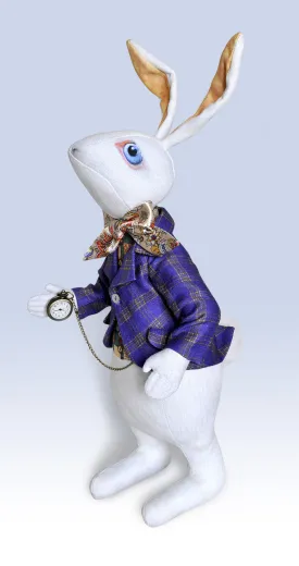 The White Rabbit "I'm late!" art doll, with traditional printed "tweed" jacket