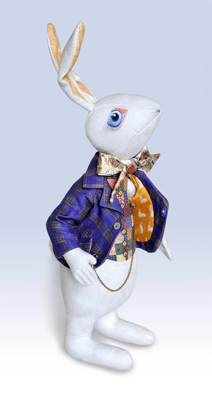 The White Rabbit "I'm late!" art doll, with traditional printed "tweed" jacket