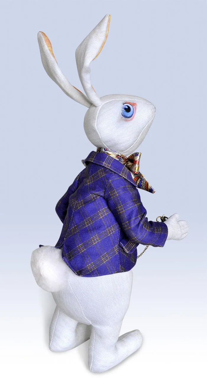 The White Rabbit "I'm late!" art doll, with traditional printed "tweed" jacket