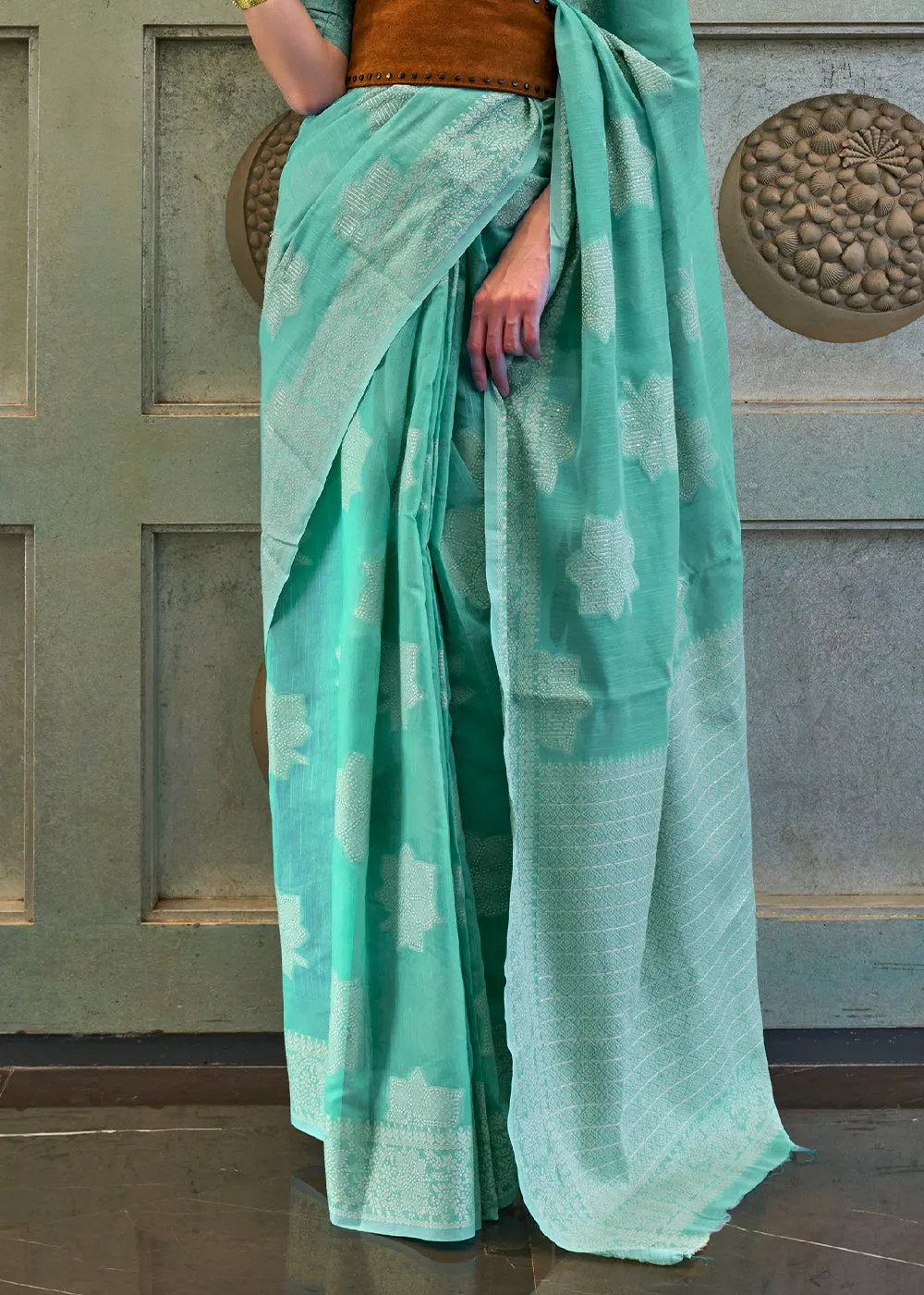 Turquoise Blue Chikankari Weaving Silk Saree with Sequins work