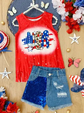 USA Sparkle Sequin Denim Shorts Set