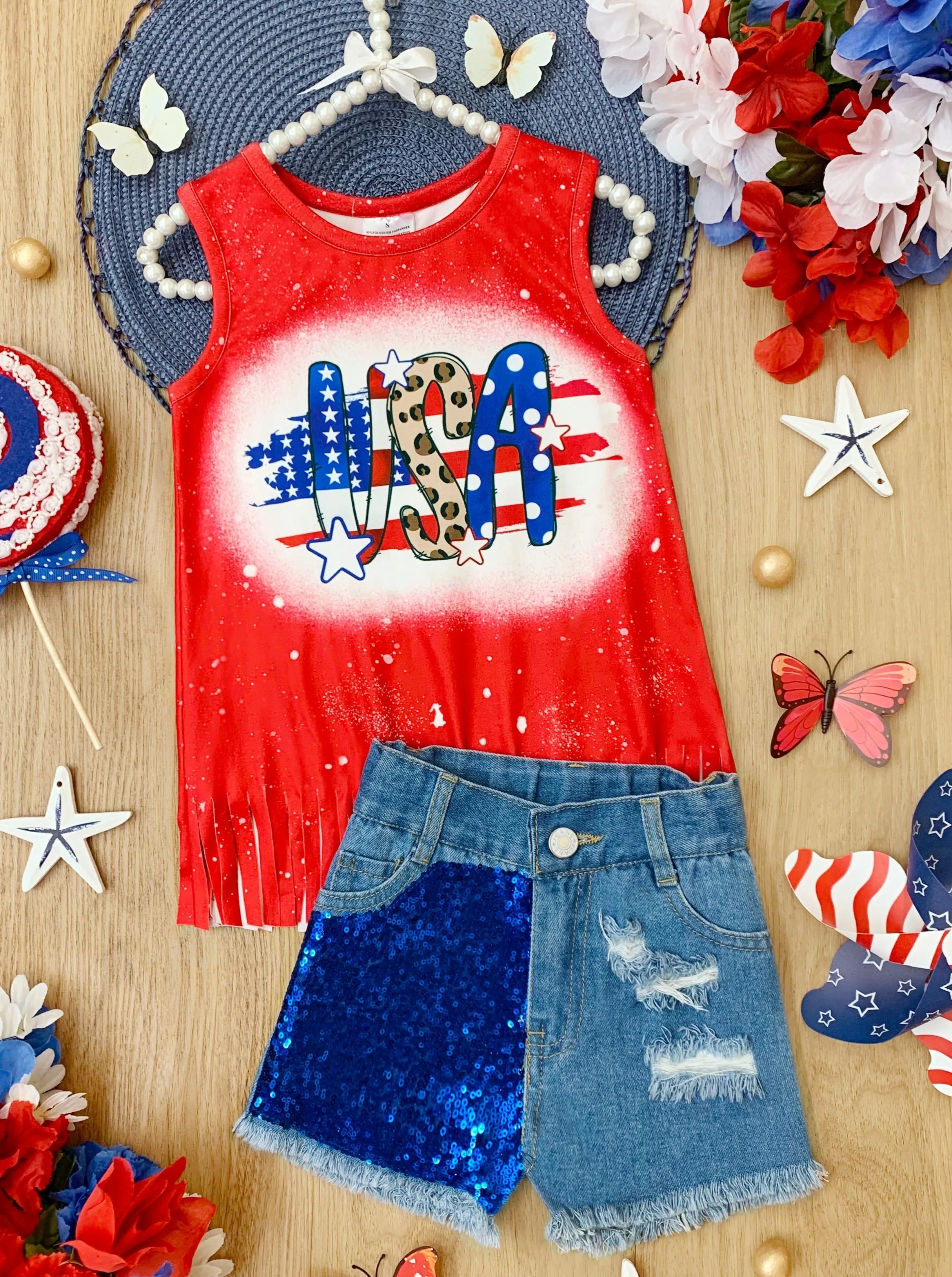 USA Sparkle Sequin Denim Shorts Set