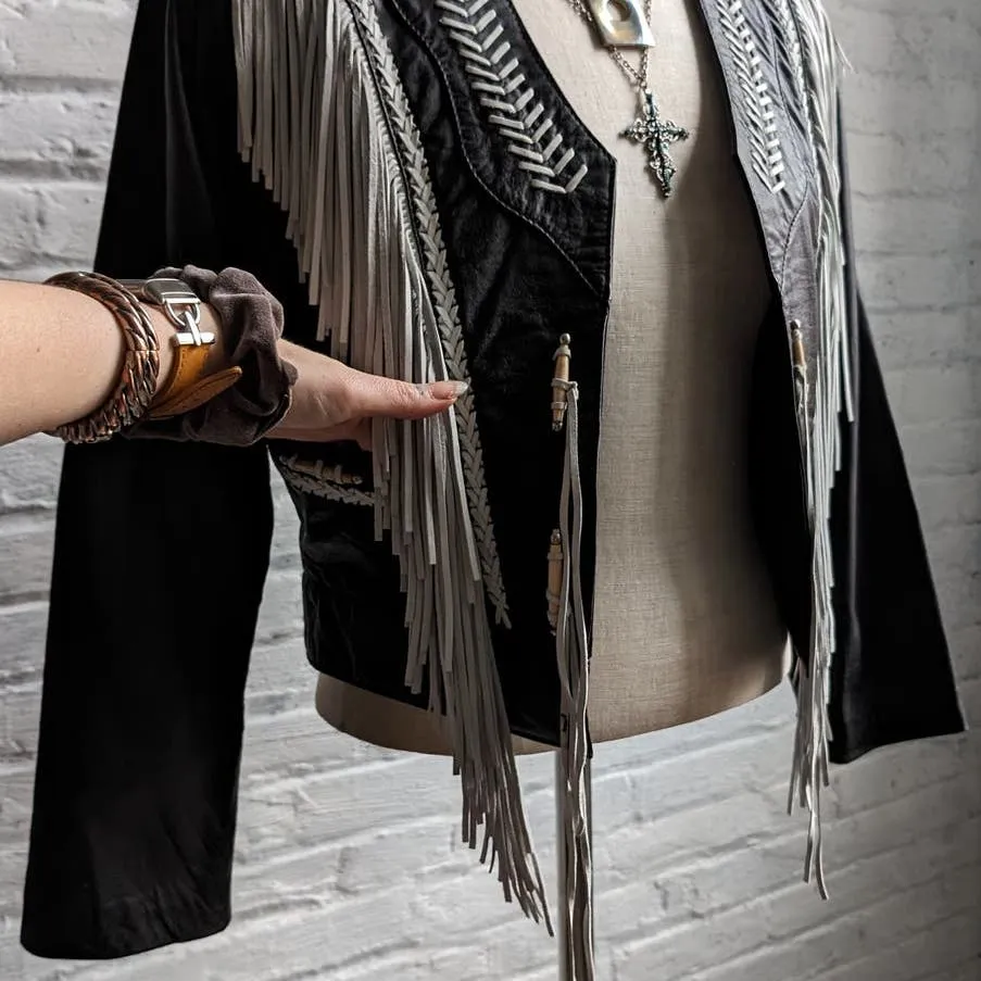 Vintage Black Leather Fringe Biker Jacket Cropped Two Tone Western Moto Shacket