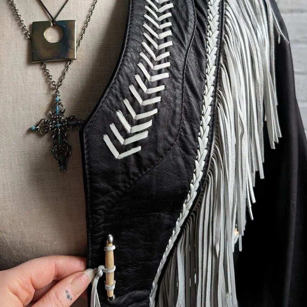 Vintage Black Leather Fringe Biker Jacket Cropped Two Tone Western Moto Shacket