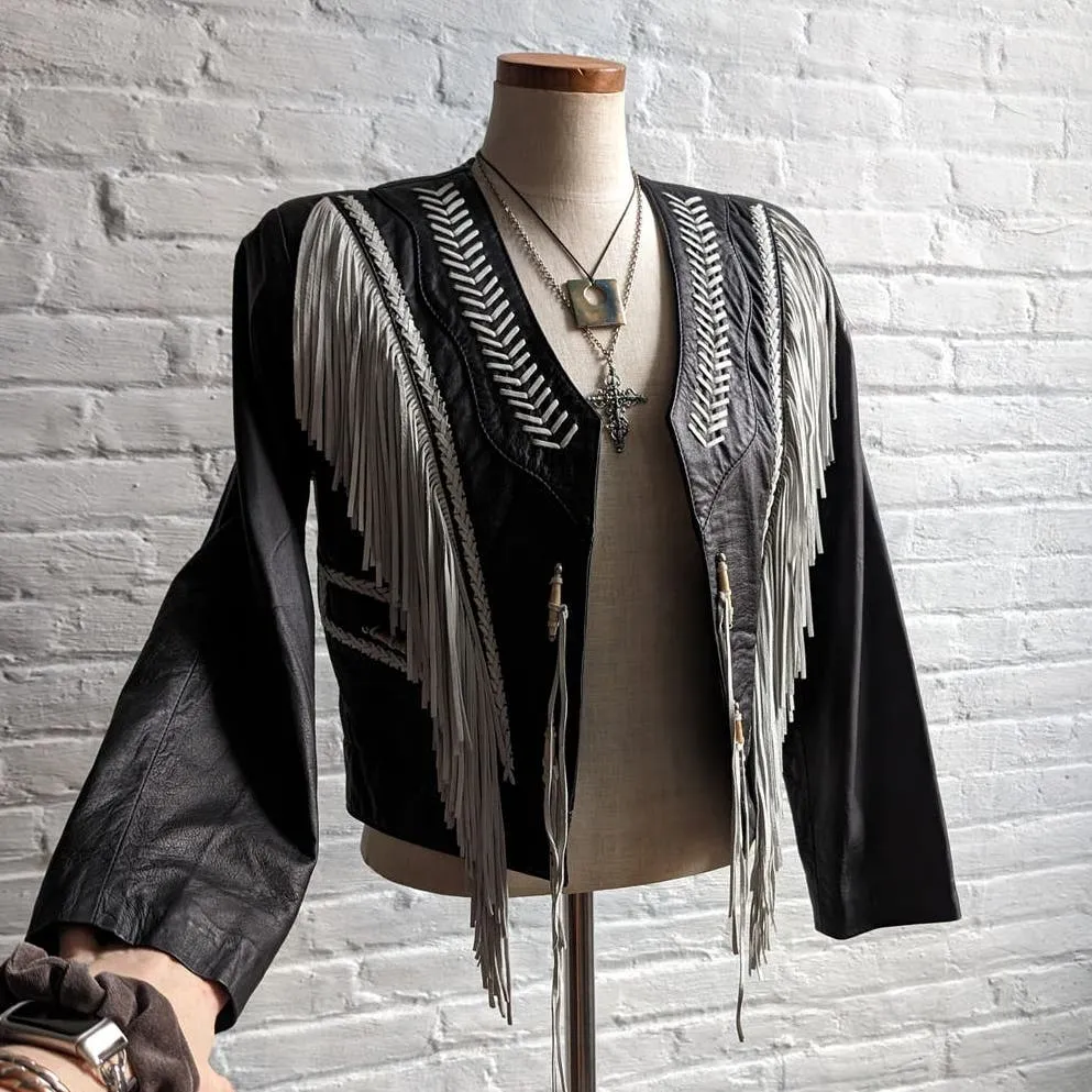 Vintage Black Leather Fringe Biker Jacket Cropped Two Tone Western Moto Shacket