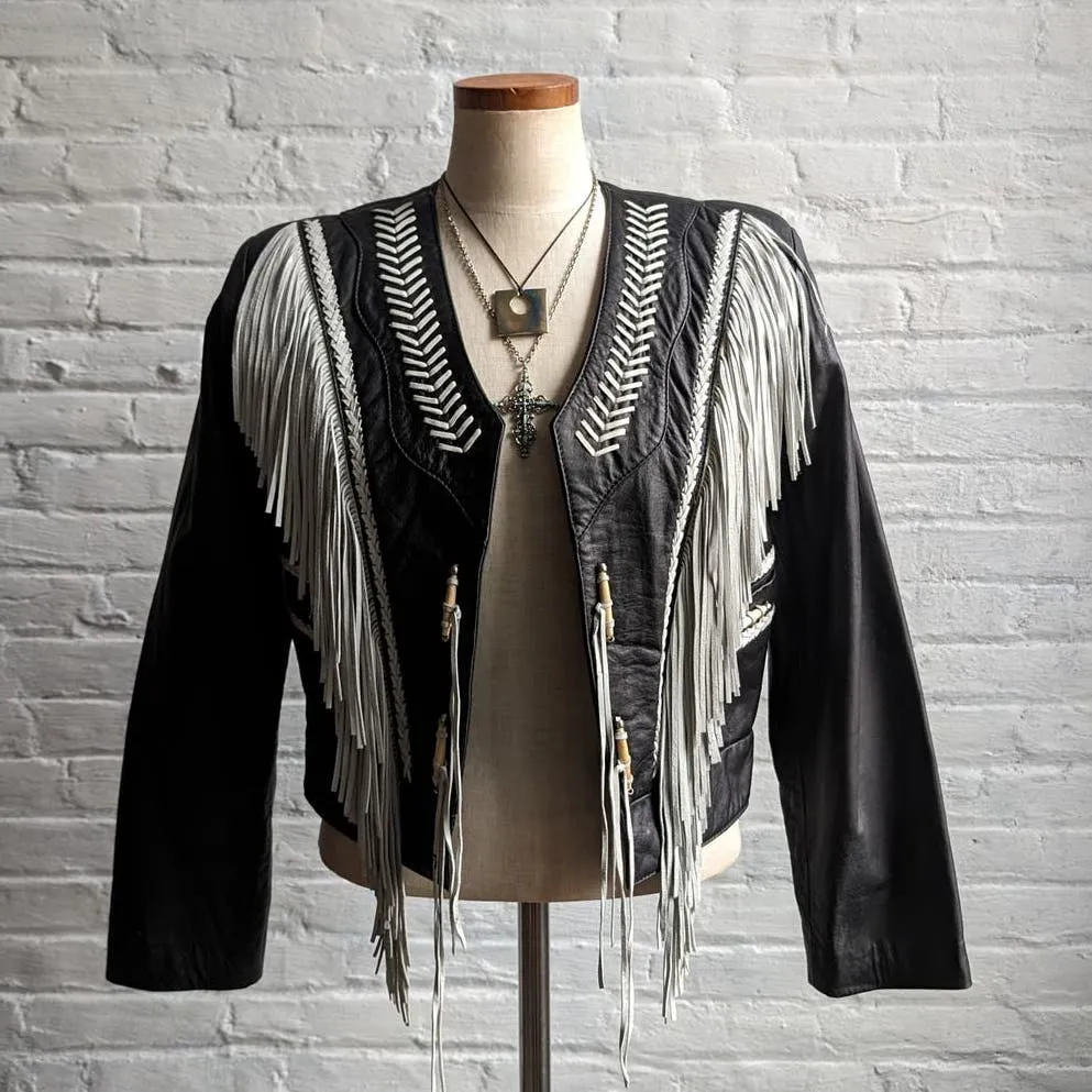 Vintage Black Leather Fringe Biker Jacket Cropped Two Tone Western Moto Shacket