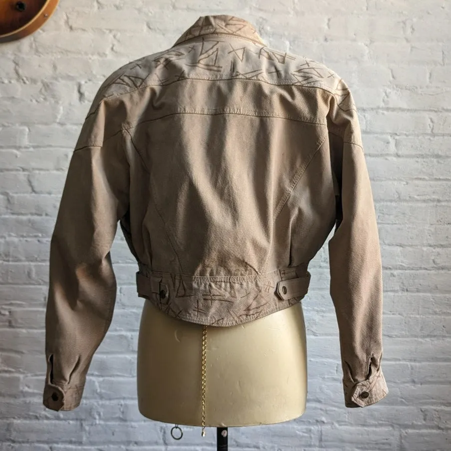 Vintage Cropped Leather Biker Jacket Neutral Suede Western Geometric Funky Coat