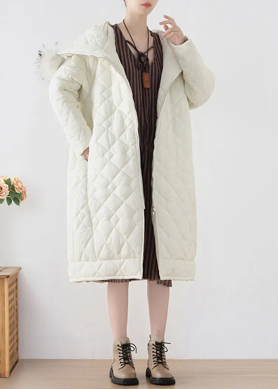 White Fur Collar Zippered Thick Hooded Parka Winter