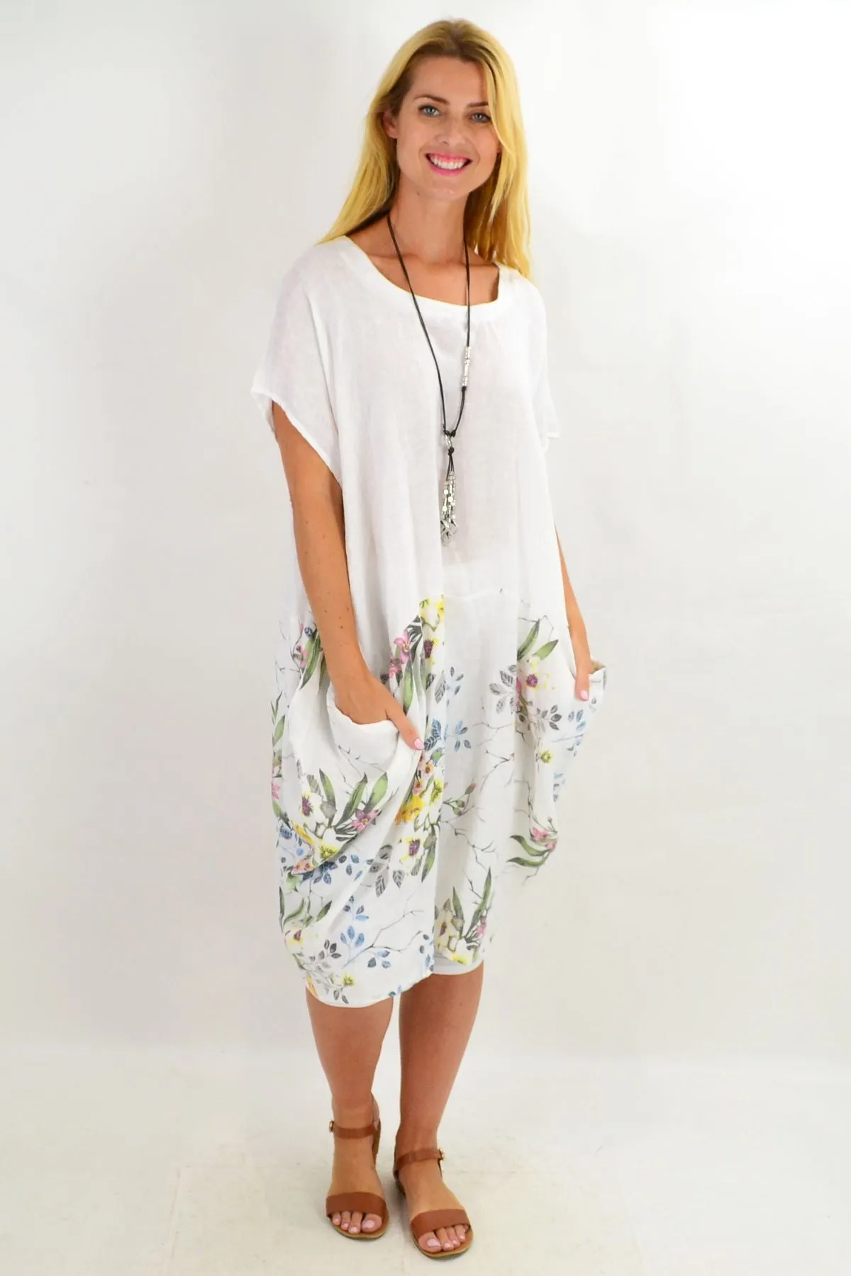 White Native Flower Sleeve Linen Tunic Dress