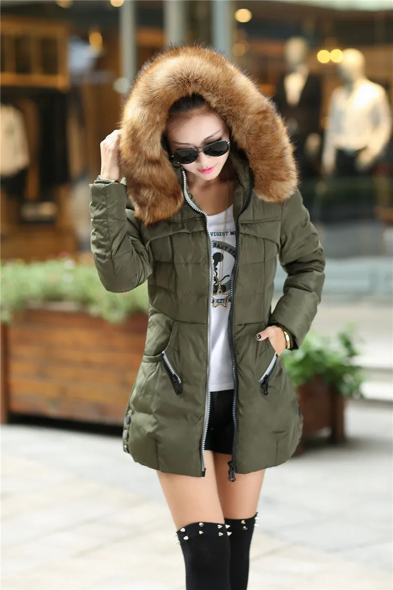 Winter Women Parka Outerwear Duck Down Jacket With Large Fur Collar