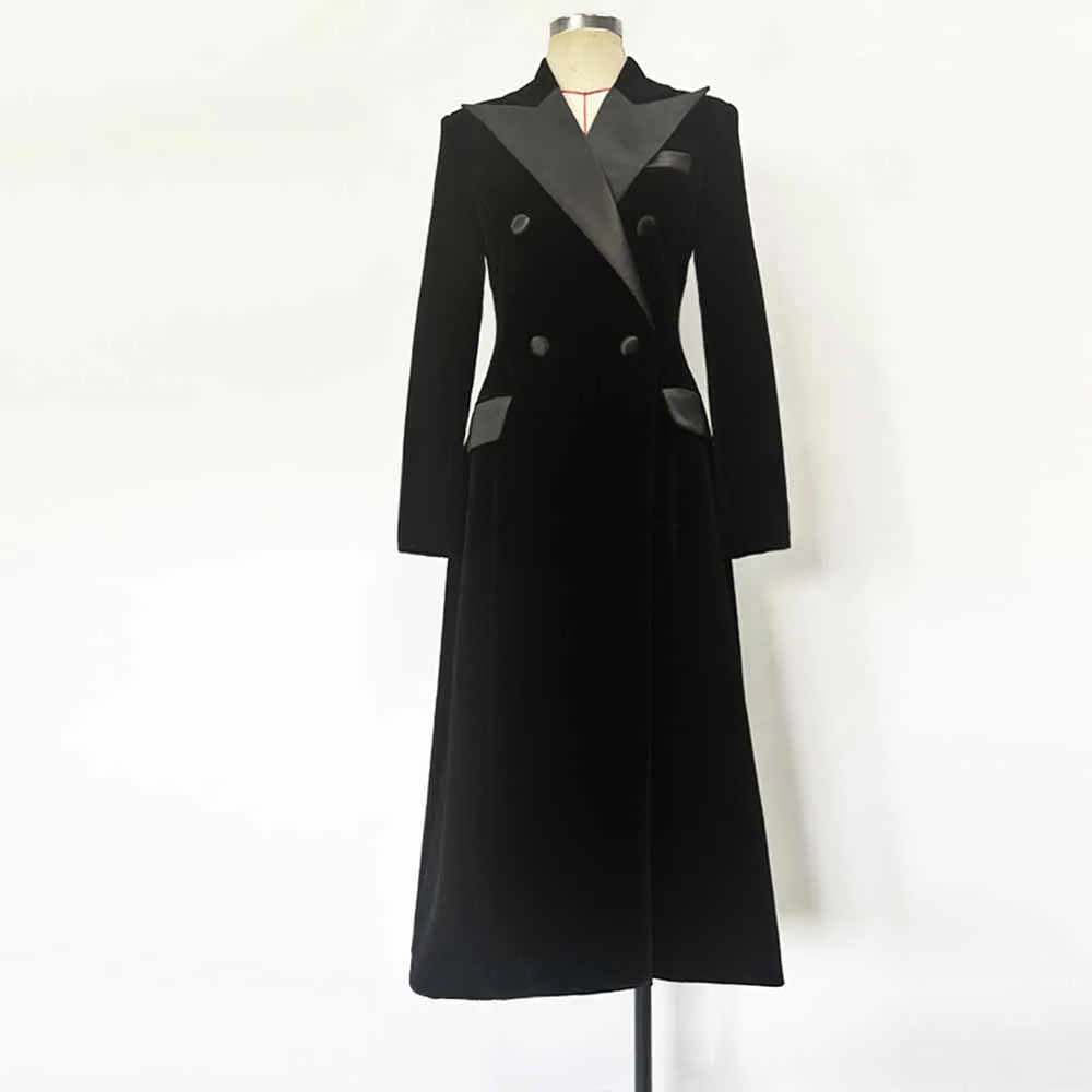 Women Double Breasted Black Velvet Long Blazer Dress Maxi Coat