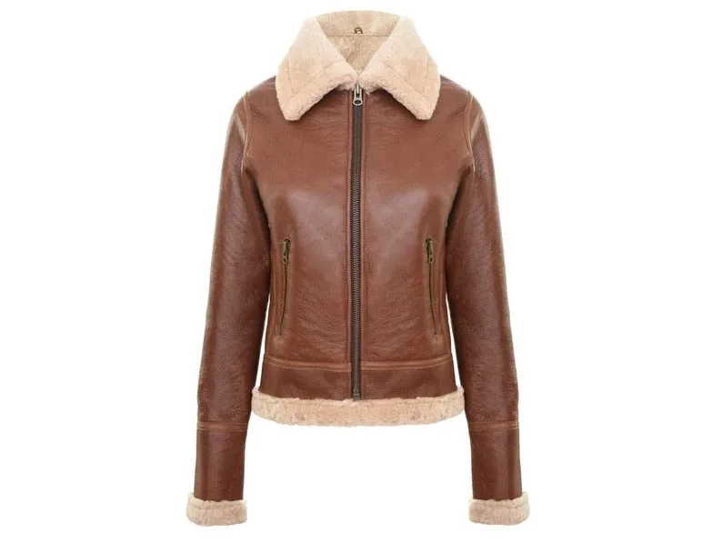 Women's Brown/Black Aviator Biker Genuine Shearling Leather Jacket