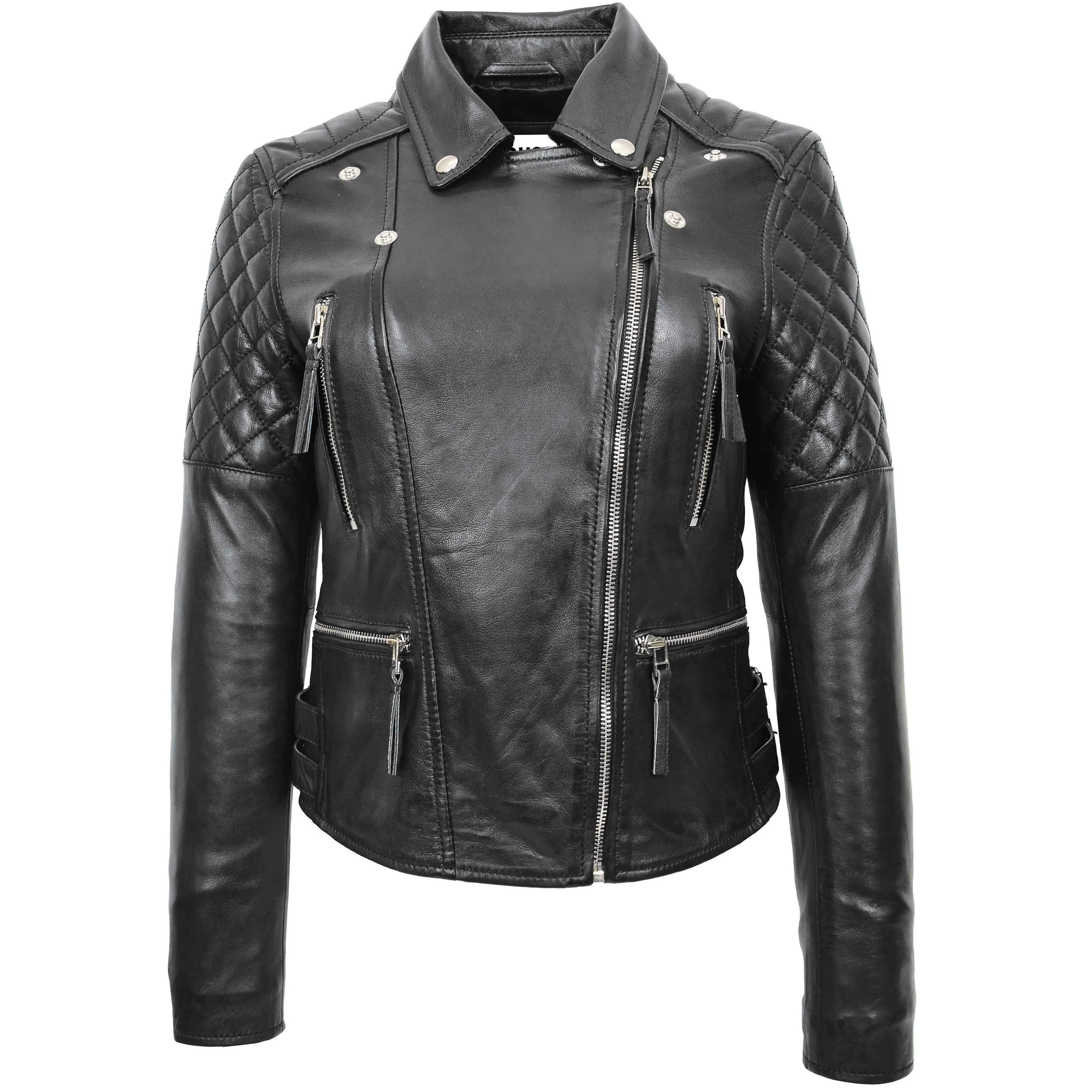 Womens Cross Zip Biker Leather Jacket Claudia Black