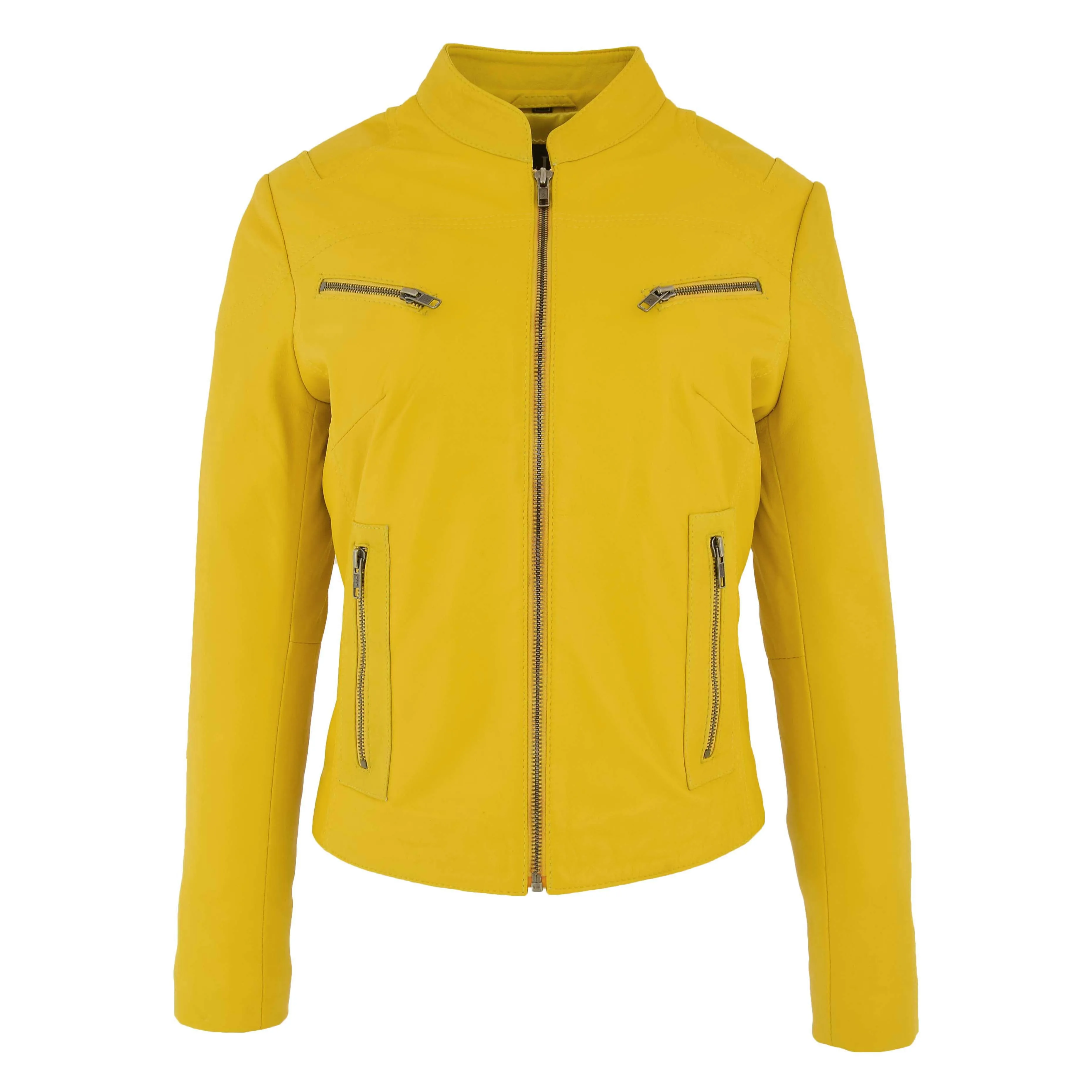 Womens Fitted Leather Biker Jacket Casual Zip Up Coat Jenny Yellow