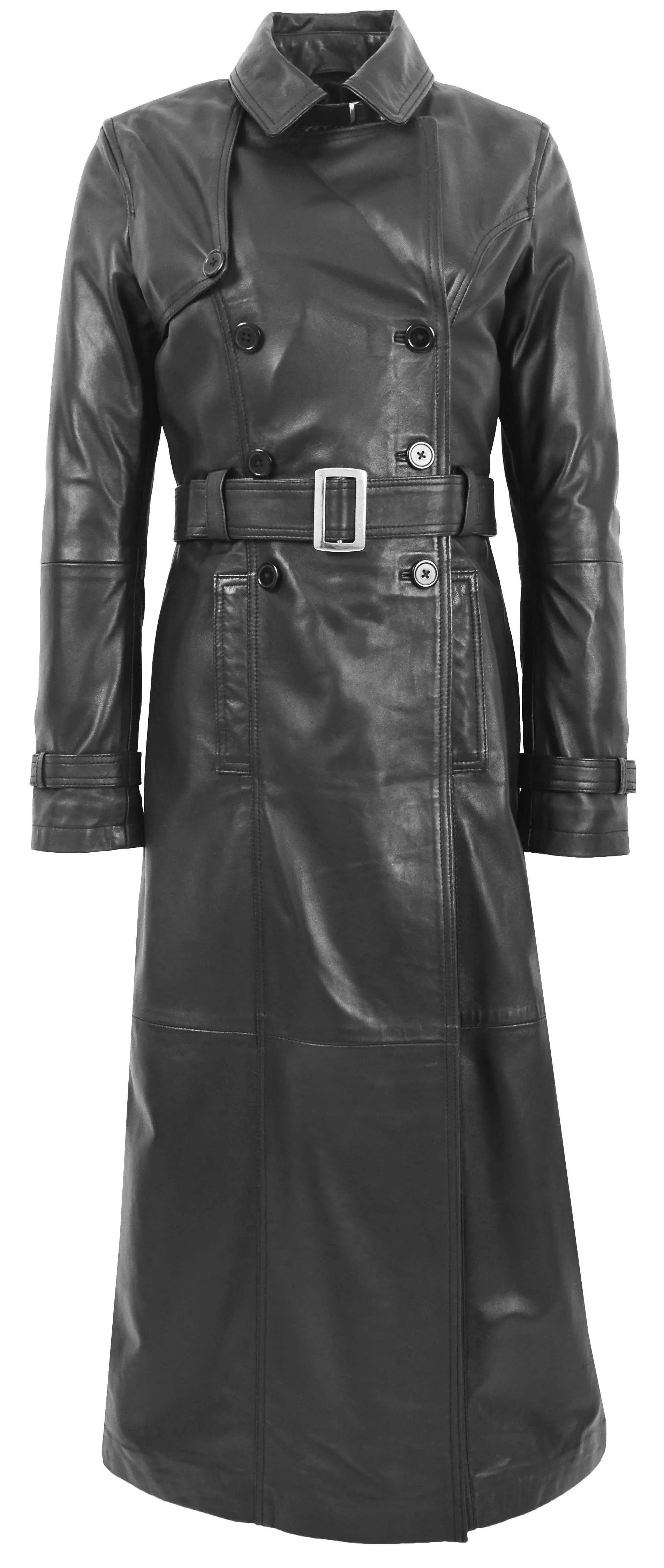 Womens Full Length Long Black Leather Trench Coat Trinity