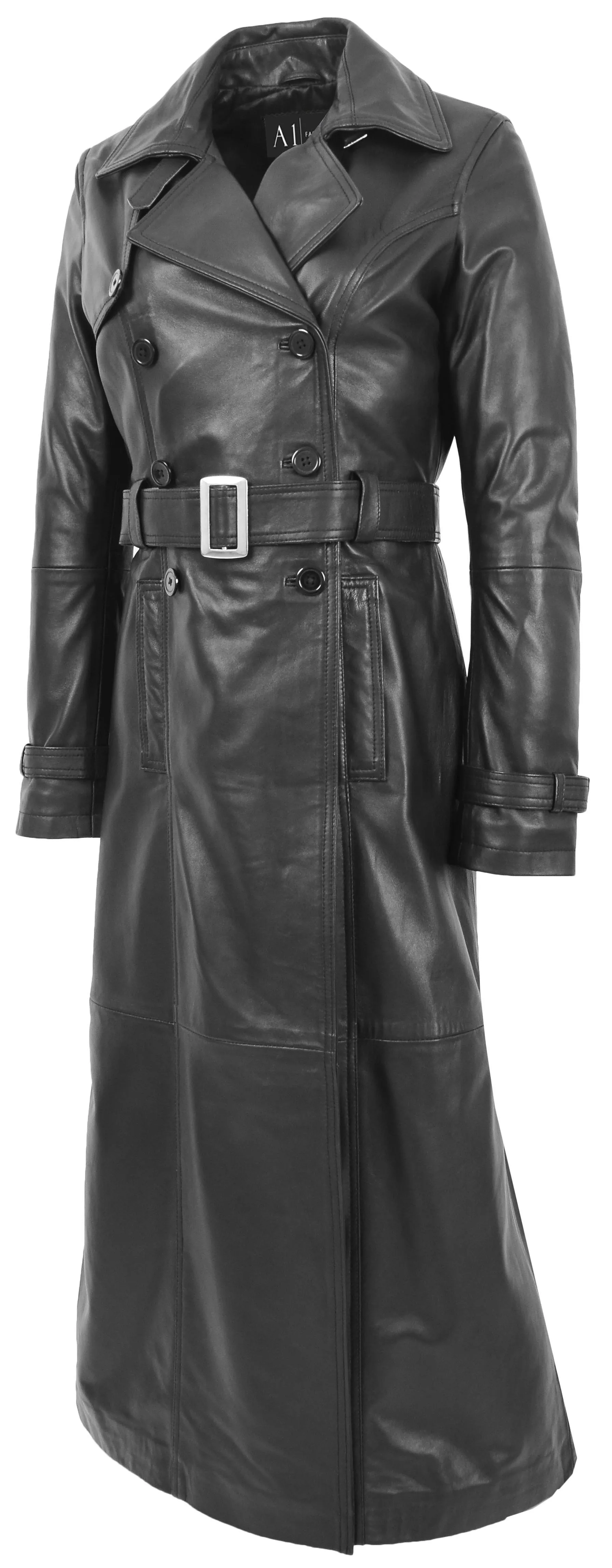 Womens Full Length Long Black Leather Trench Coat Trinity