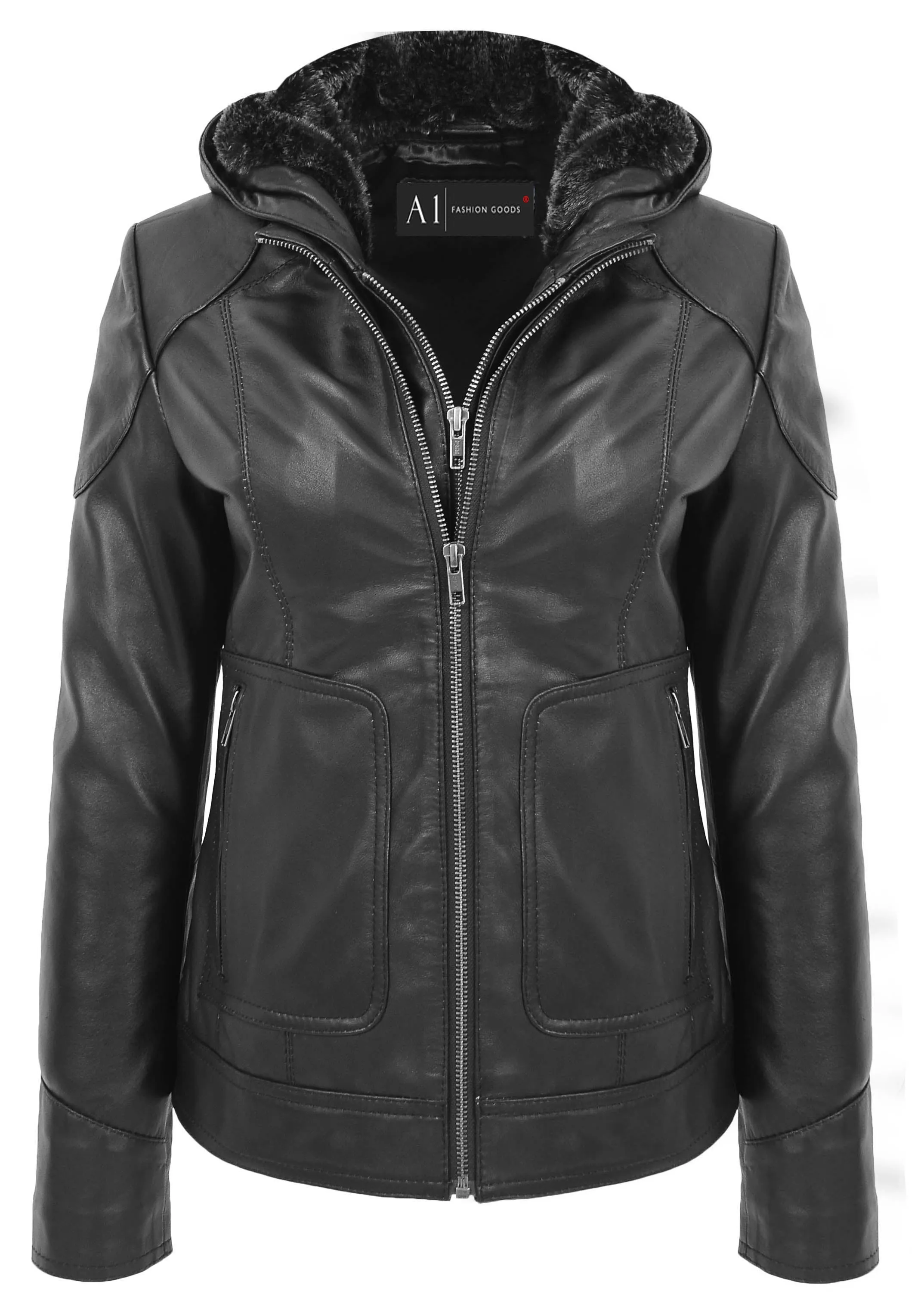 Womens Genuine Black Leather Biker Style Jacket With Removable Hood Sally