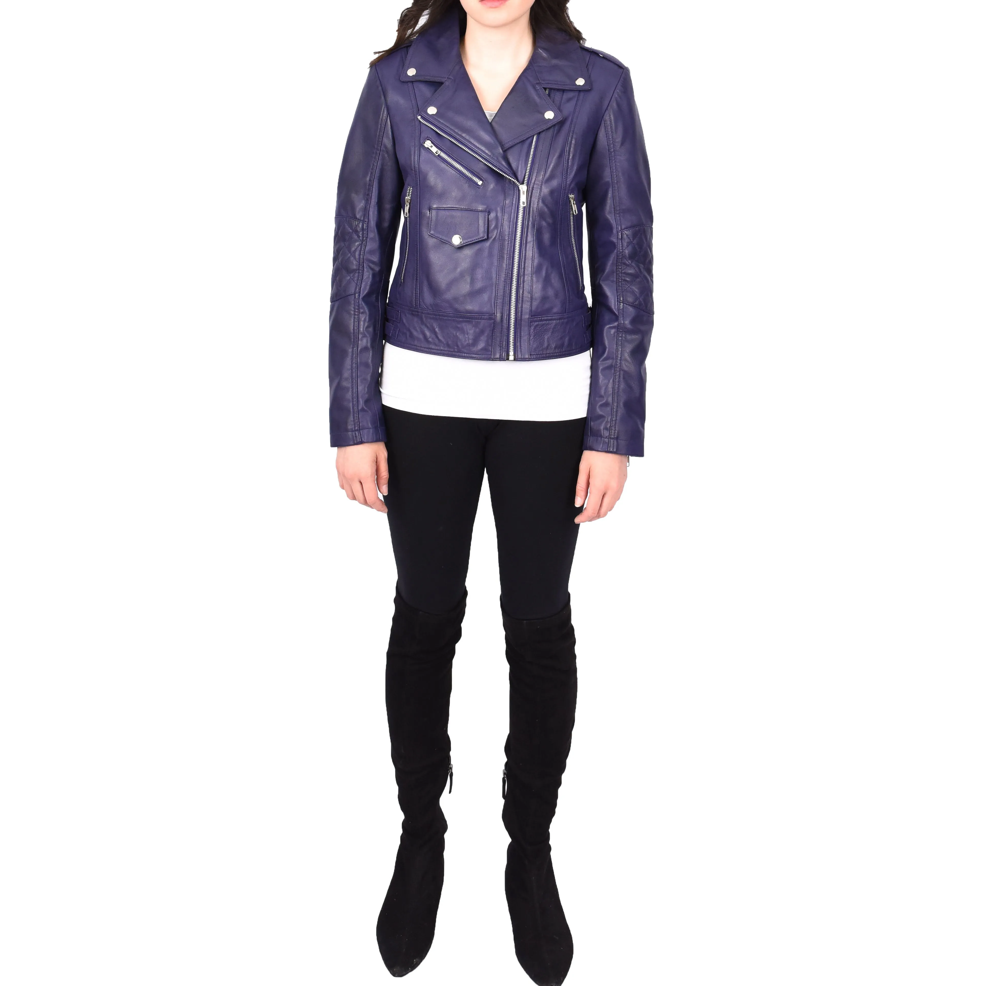 Womens Leather Biker Jacket Purple Trendy Slim Fit Designer Ayla